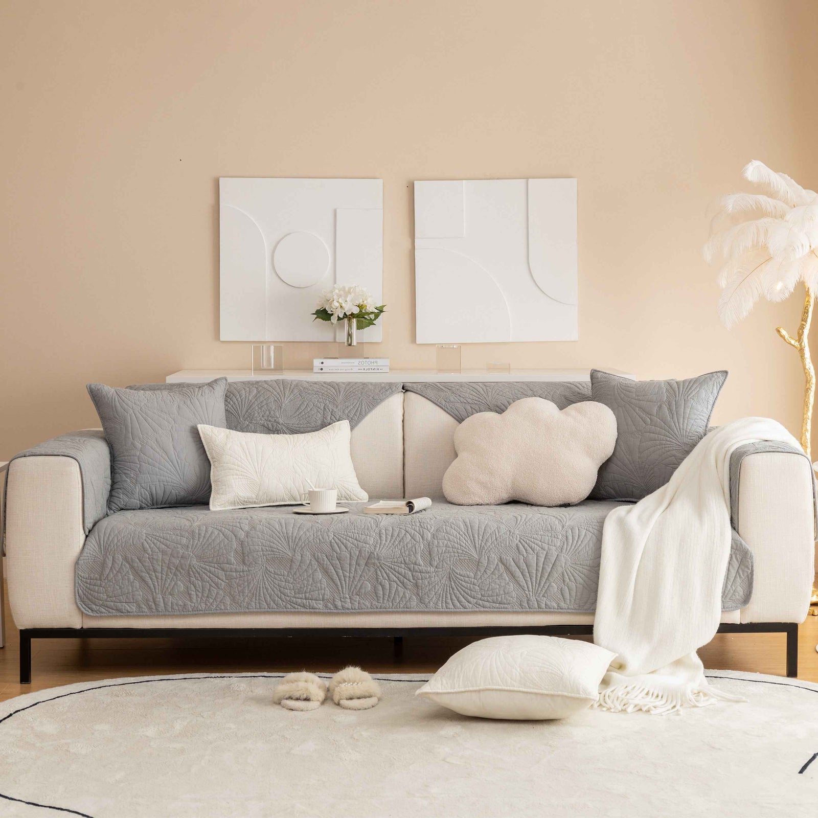 Embossed Leaf Cotton Quilted Sofa Cover Non-Slip Couch Protector with Thick Padding