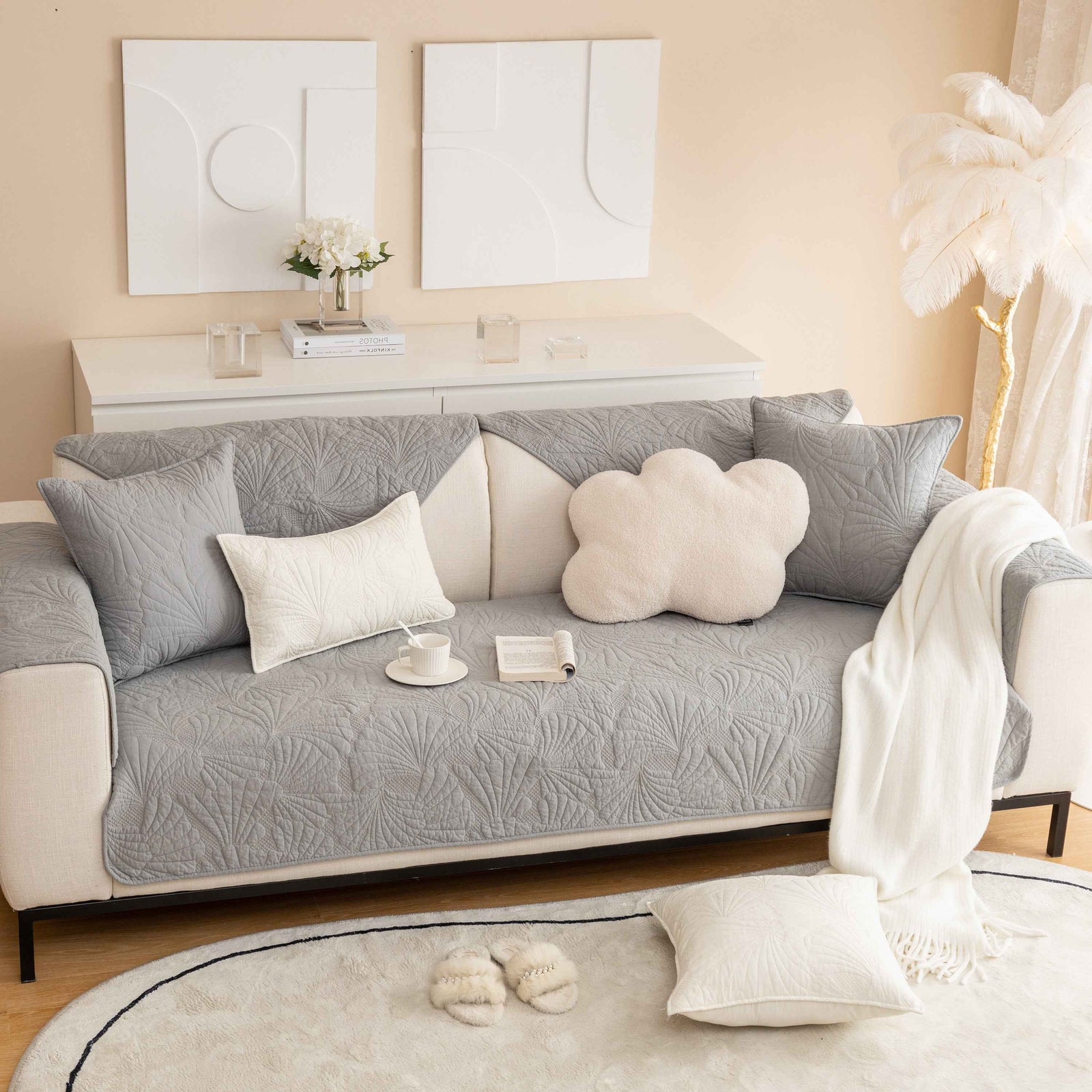 Embossed Leaf Cotton Quilted Sofa Cover Non-Slip Couch Protector with Thick Padding