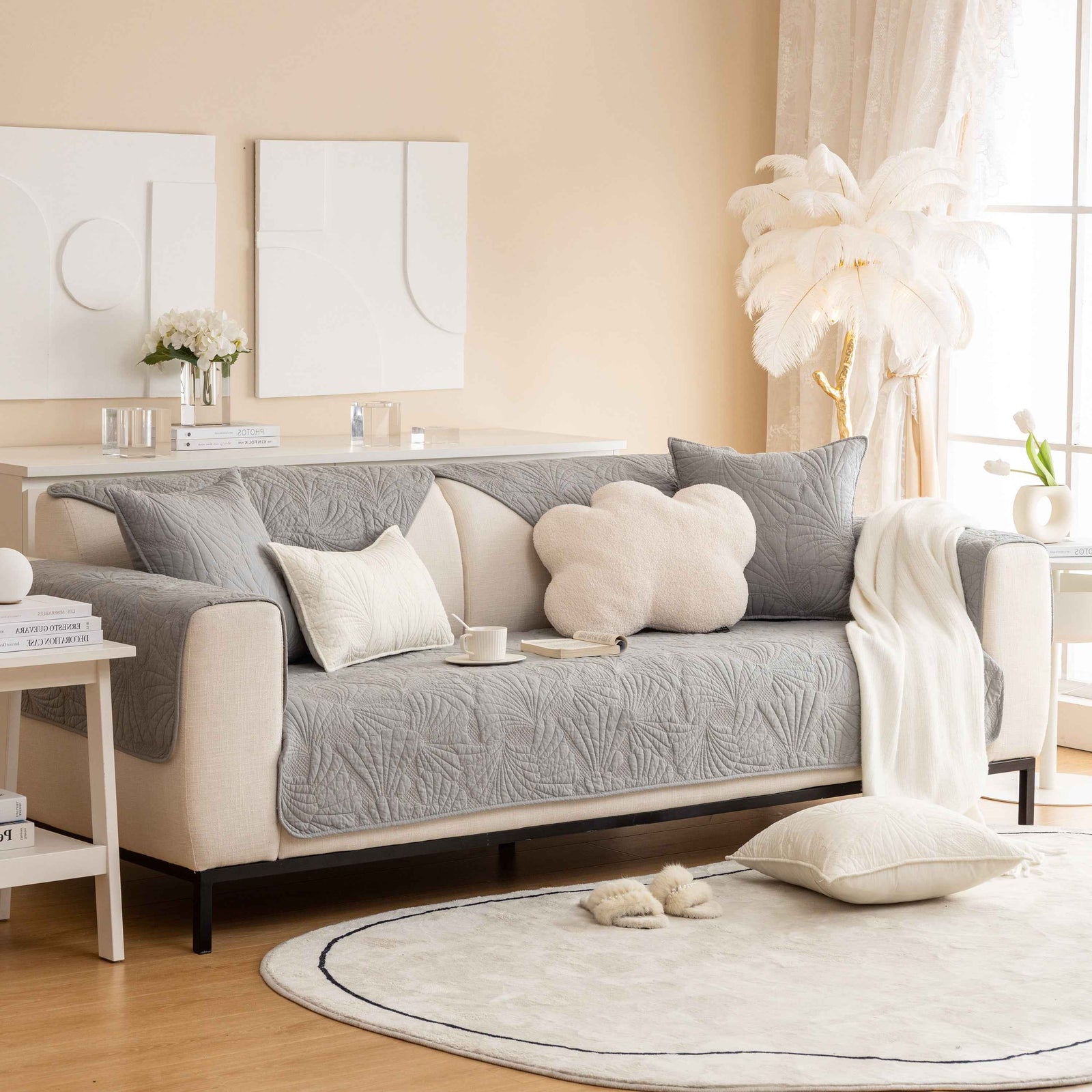 Embossed Leaf Cotton Quilted Sofa Cover Non-Slip Couch Protector with Thick Padding