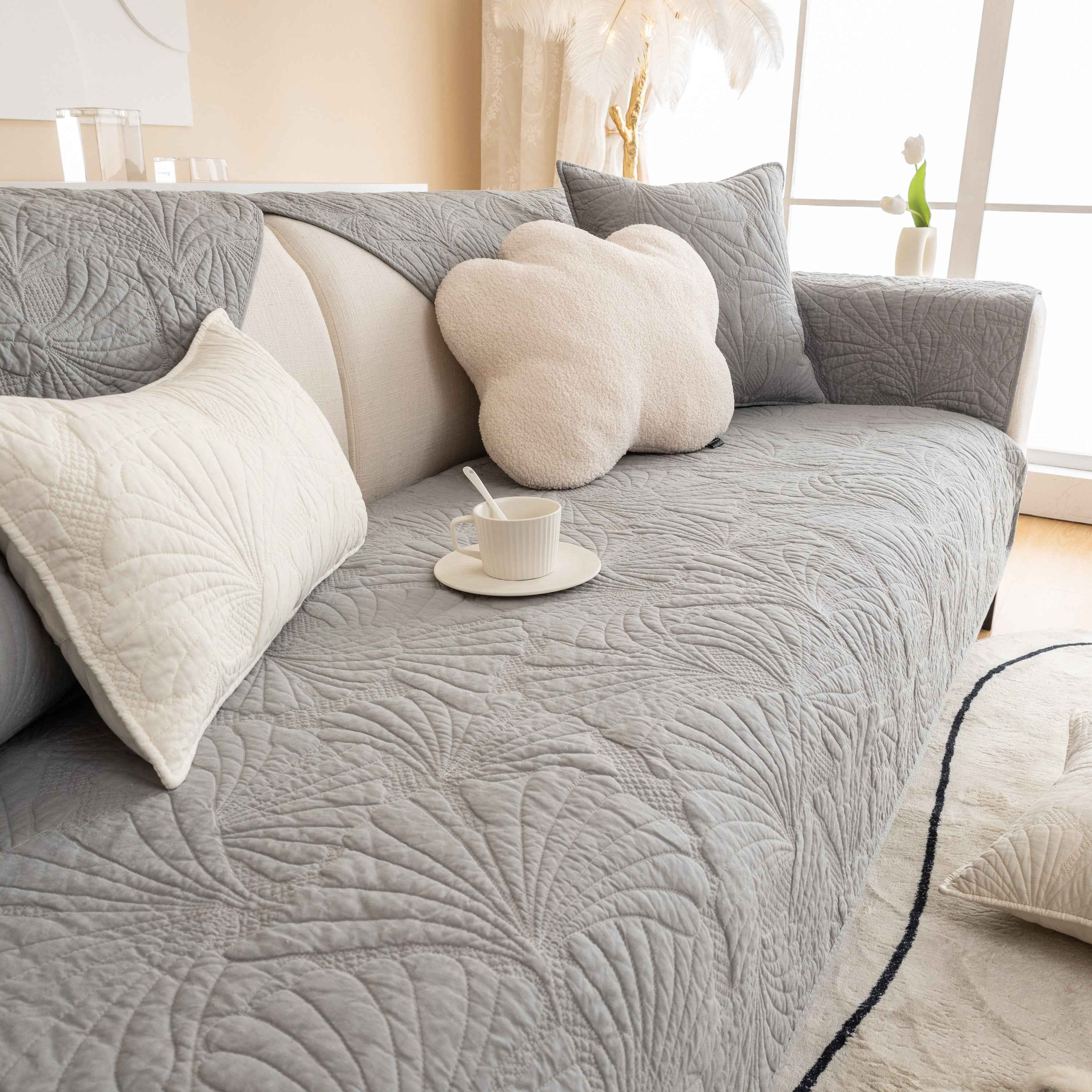 Embossed Leaf Cotton Quilted Sofa Cover Non-Slip Couch Protector with Thick Padding