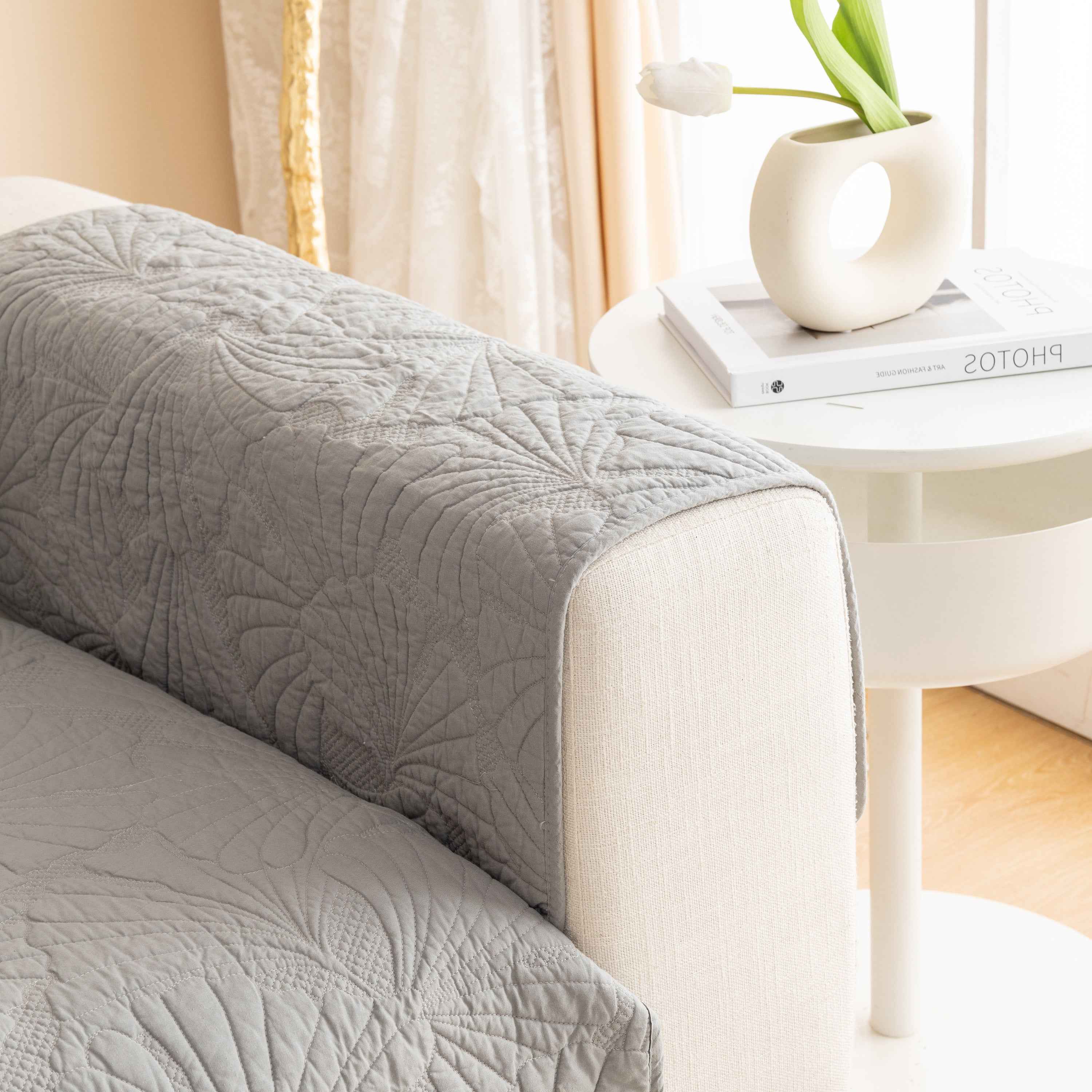 Embossed Leaf Cotton Quilted Sofa Cover Non-Slip Couch Protector with Thick Padding