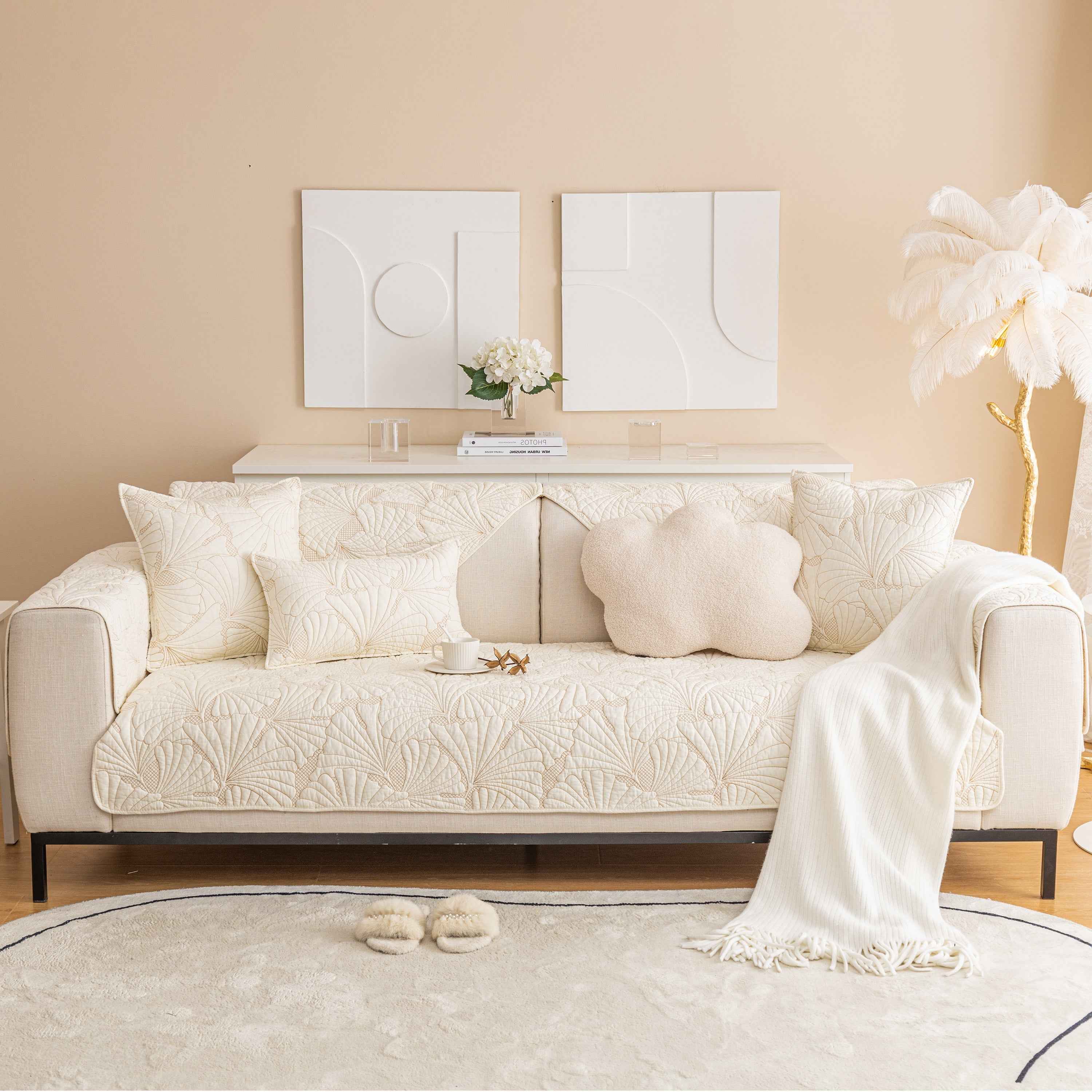 Embossed Leaf Cotton Quilted Sofa Cover Non-Slip Couch Protector with Thick Padding
