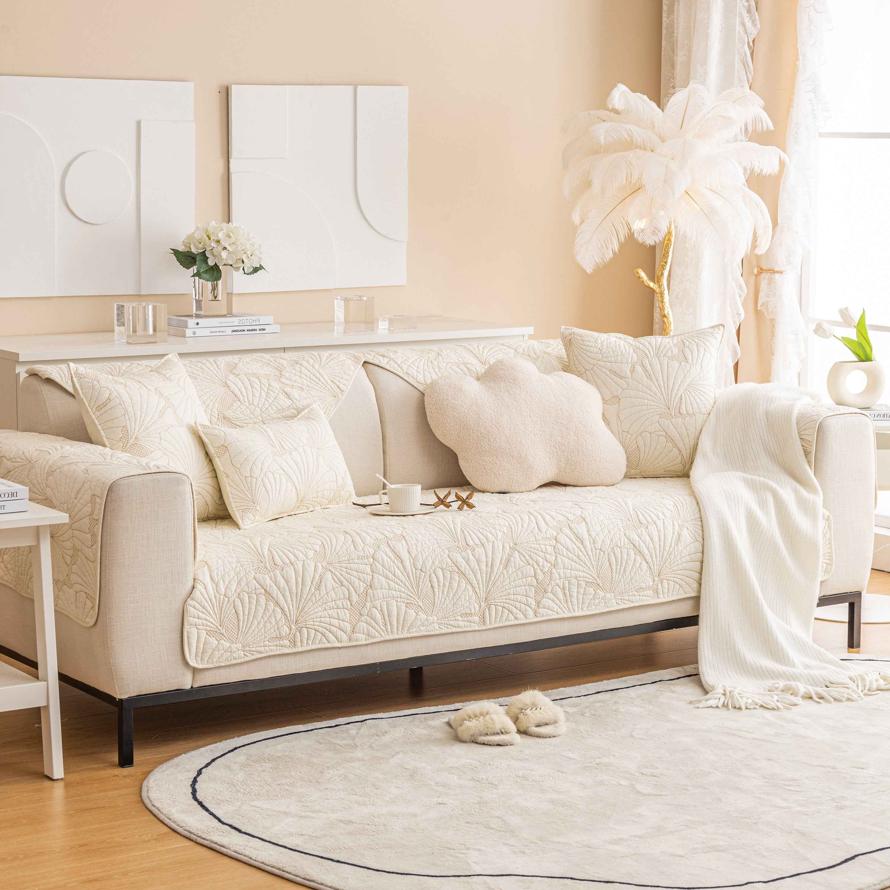 Embossed Leaf Cotton Quilted Sofa Cover Non-Slip Couch Protector with Thick Padding