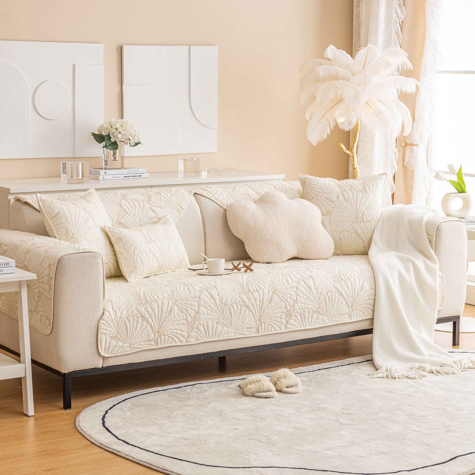 Embossed Leaf Cotton Quilted Sofa Cover Non-Slip Couch Protector with Thick Padding