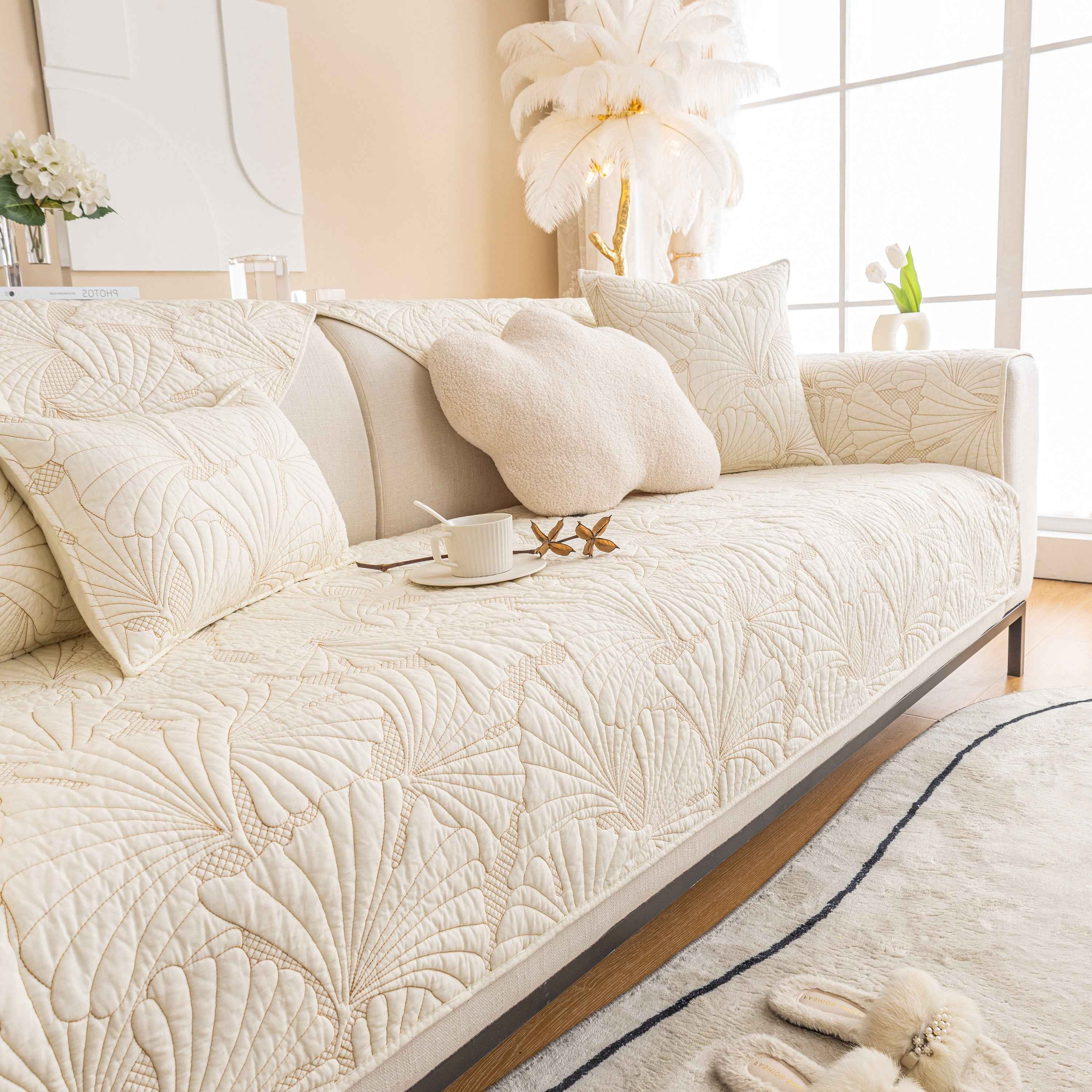 Embossed Leaf Cotton Quilted Sofa Cover Non-Slip Couch Protector with Thick Padding