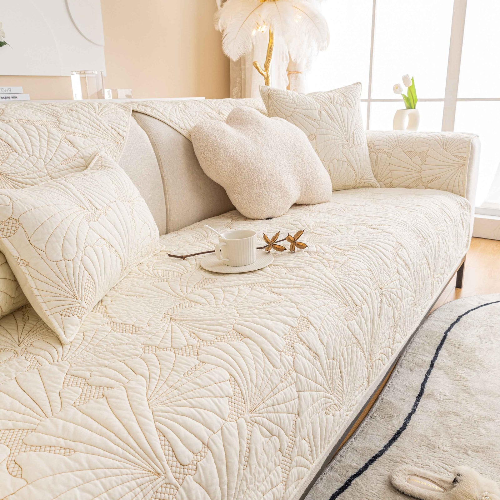 Embossed Leaf Cotton Quilted Sofa Cover Non-Slip Couch Protector with Thick Padding