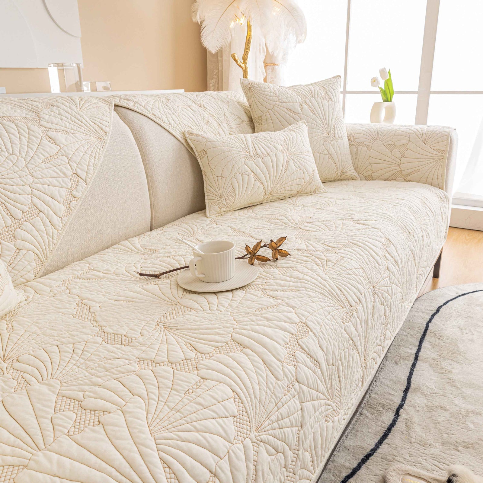 Embossed Leaf Cotton Quilted Sofa Cover Non-Slip Couch Protector with Thick Padding