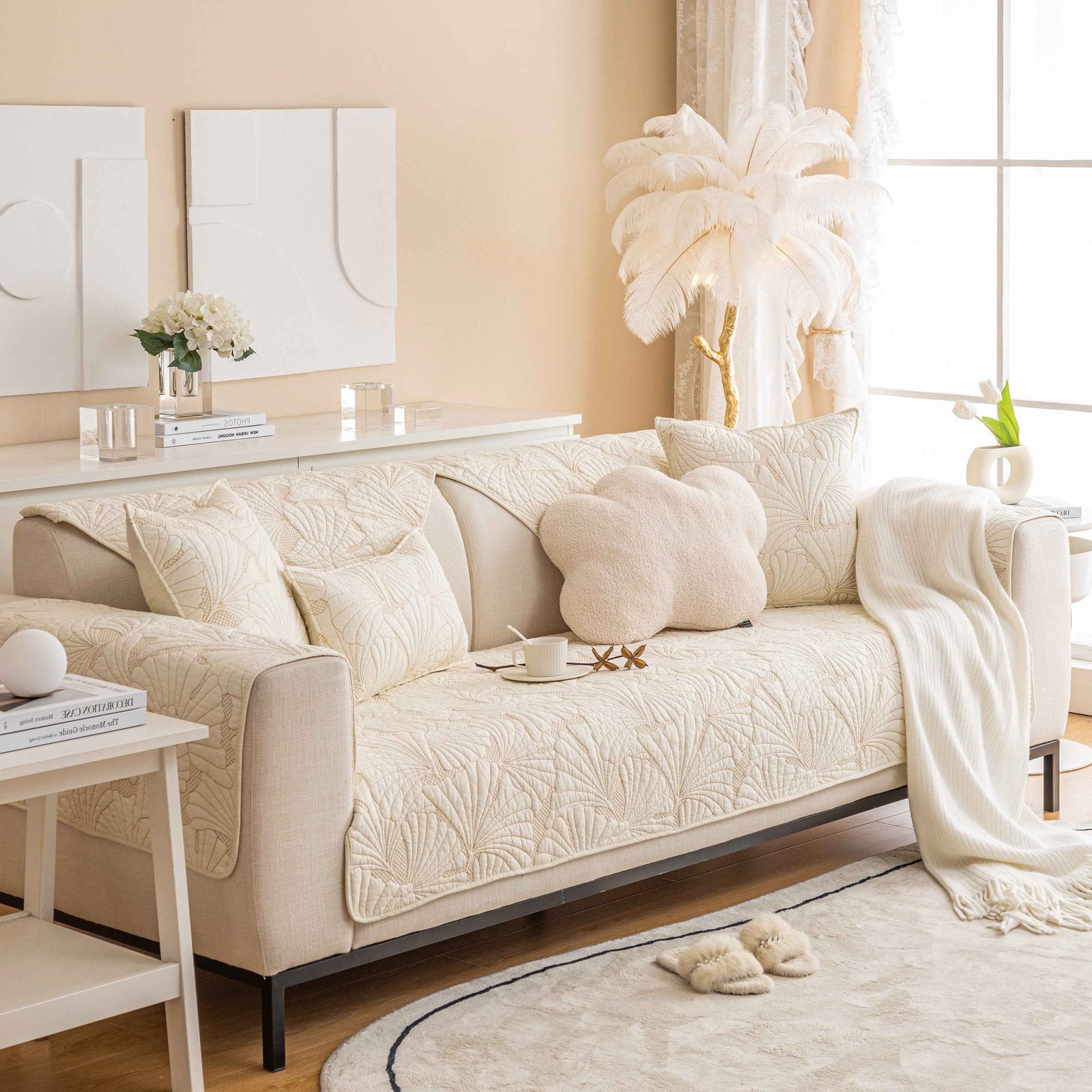 Embossed Leaf Cotton Quilted Sofa Cover Non-Slip Couch Protector with Thick Padding