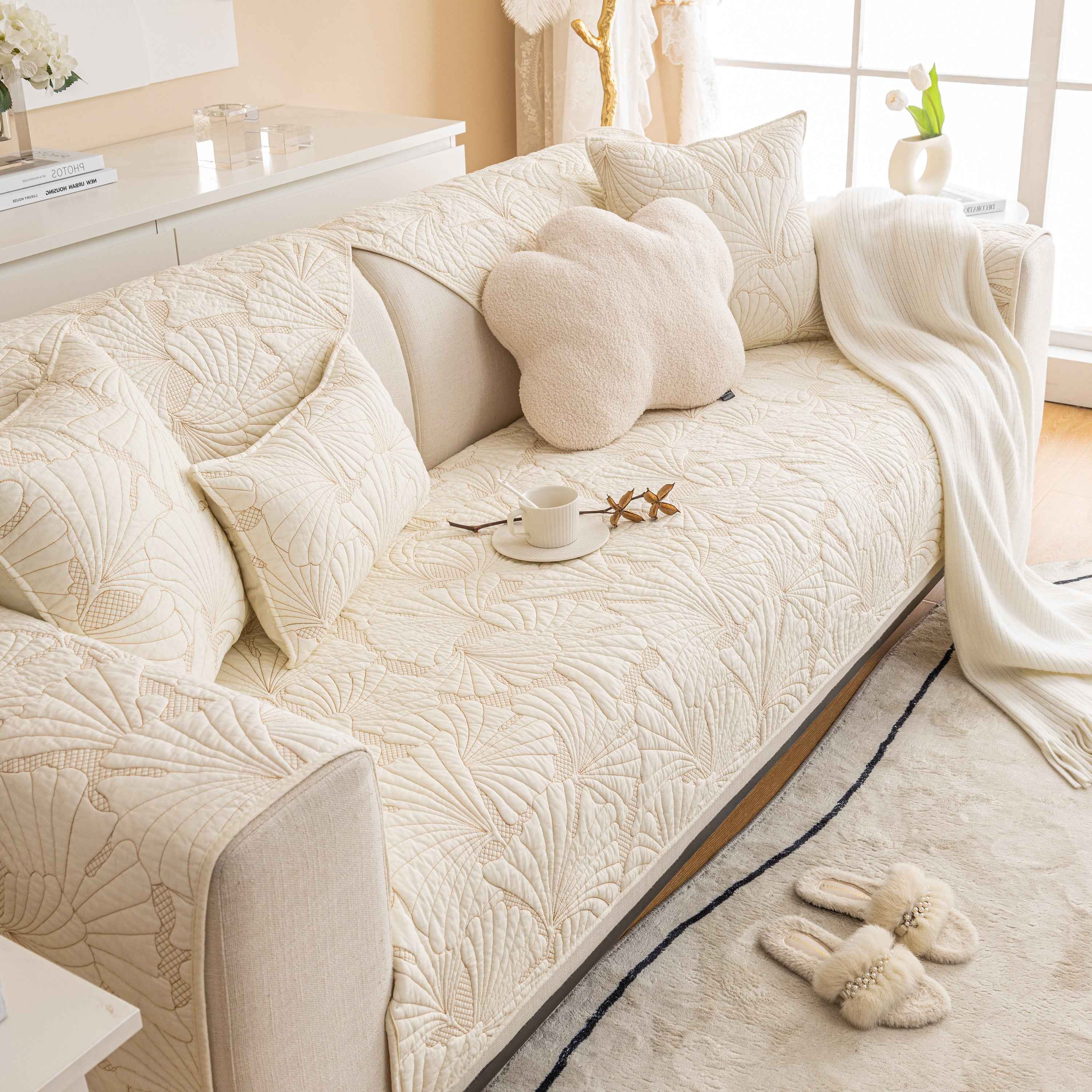 Embossed Leaf Cotton Quilted Sofa Cover Non-Slip Couch Protector with Thick Padding