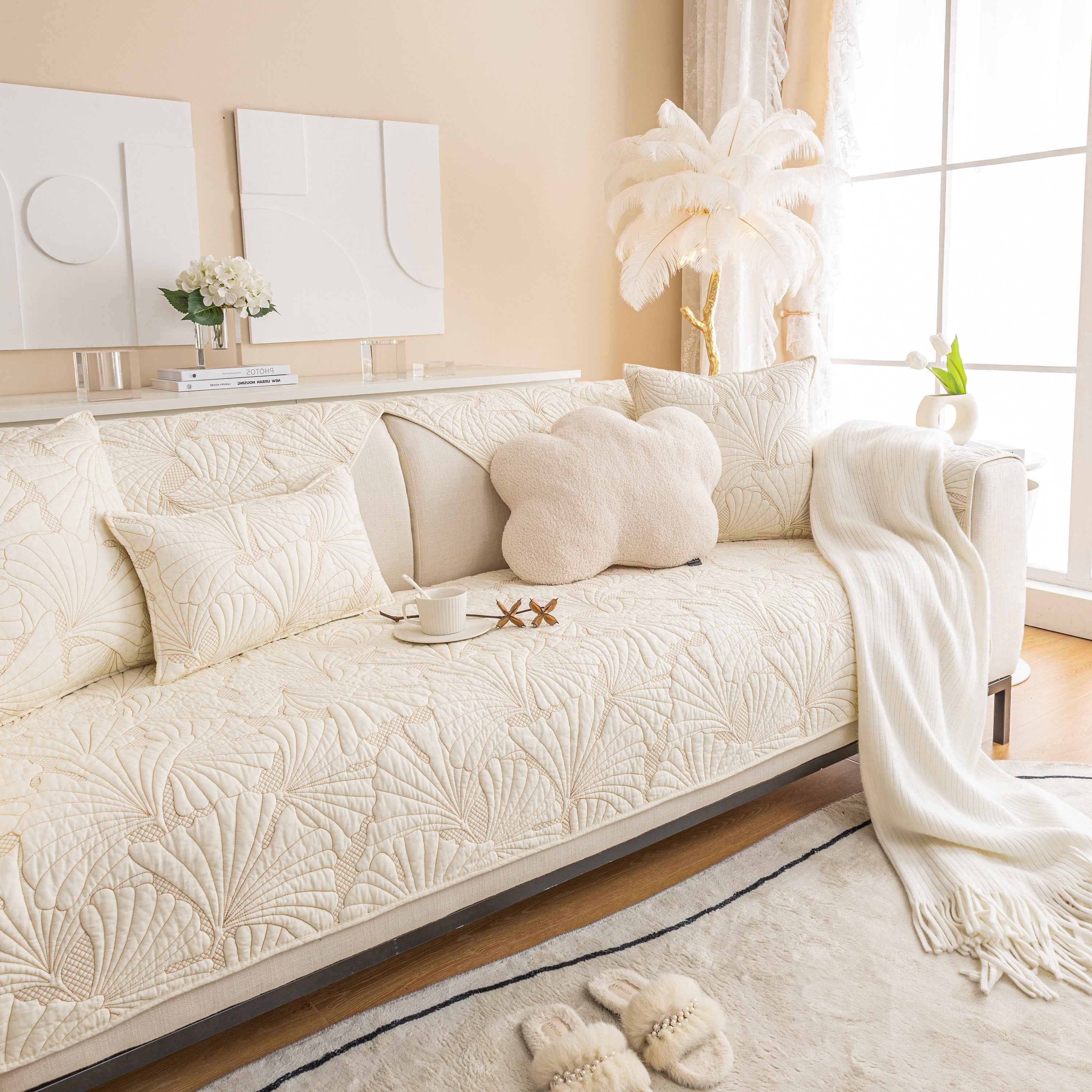 Embossed Leaf Cotton Quilted Sofa Cover Non-Slip Couch Protector with Thick Padding