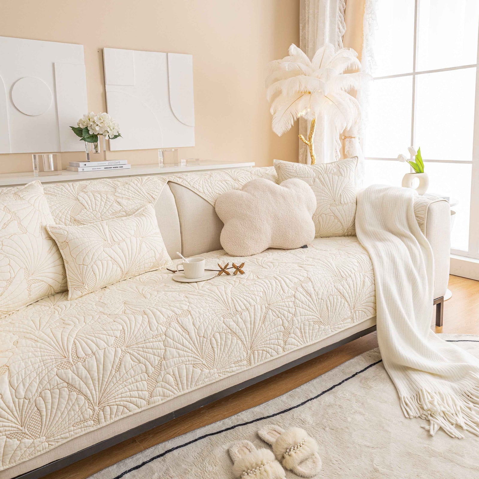 Embossed Leaf Cotton Quilted Sofa Cover Non-Slip Couch Protector with Thick Padding
