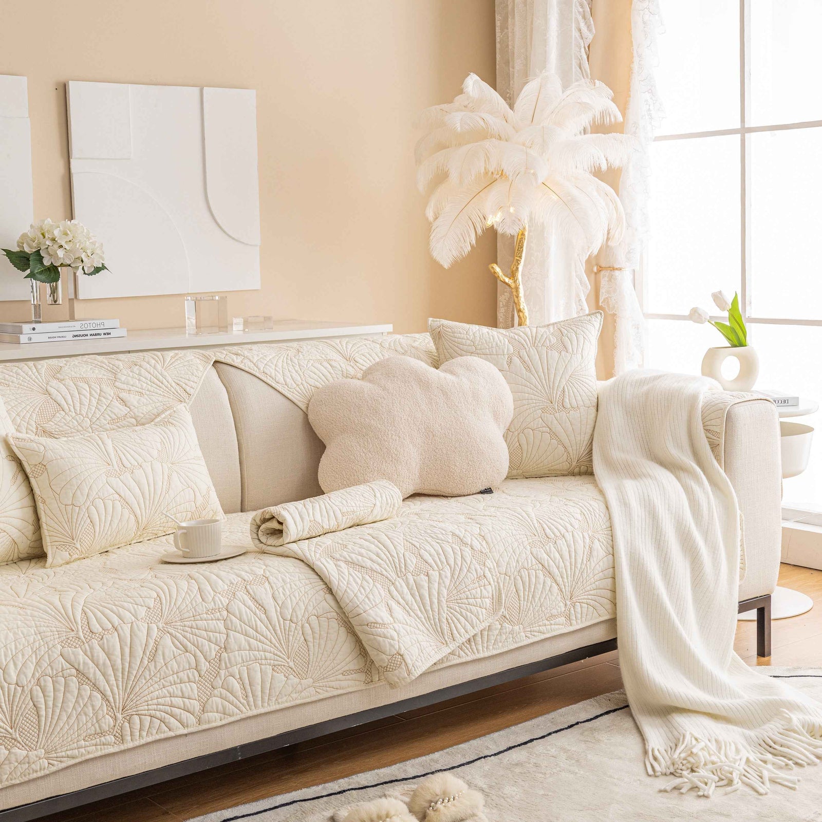 Embossed Leaf Cotton Quilted Sofa Cover Non-Slip Couch Protector with Thick Padding