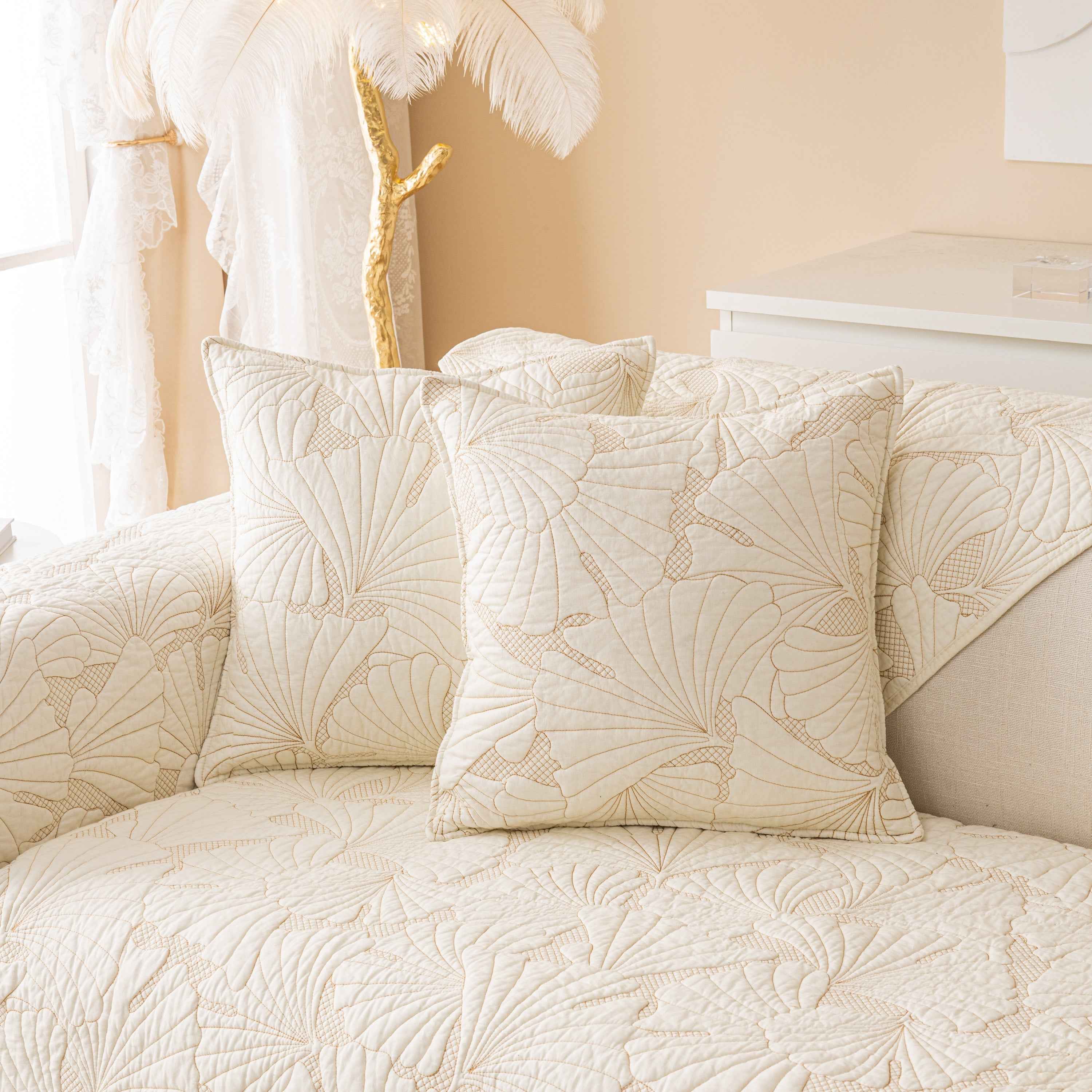 Embossed Leaf Cotton Quilted Sofa Cover Non-Slip Couch Protector with Thick Padding