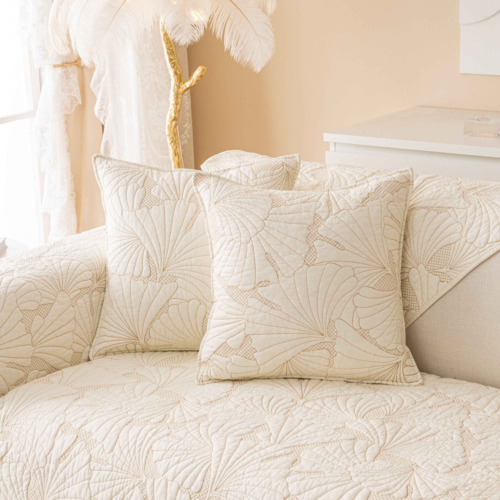 Embossed Leaf Cotton Quilted Sofa Cover Non-Slip Couch Protector with Thick Padding