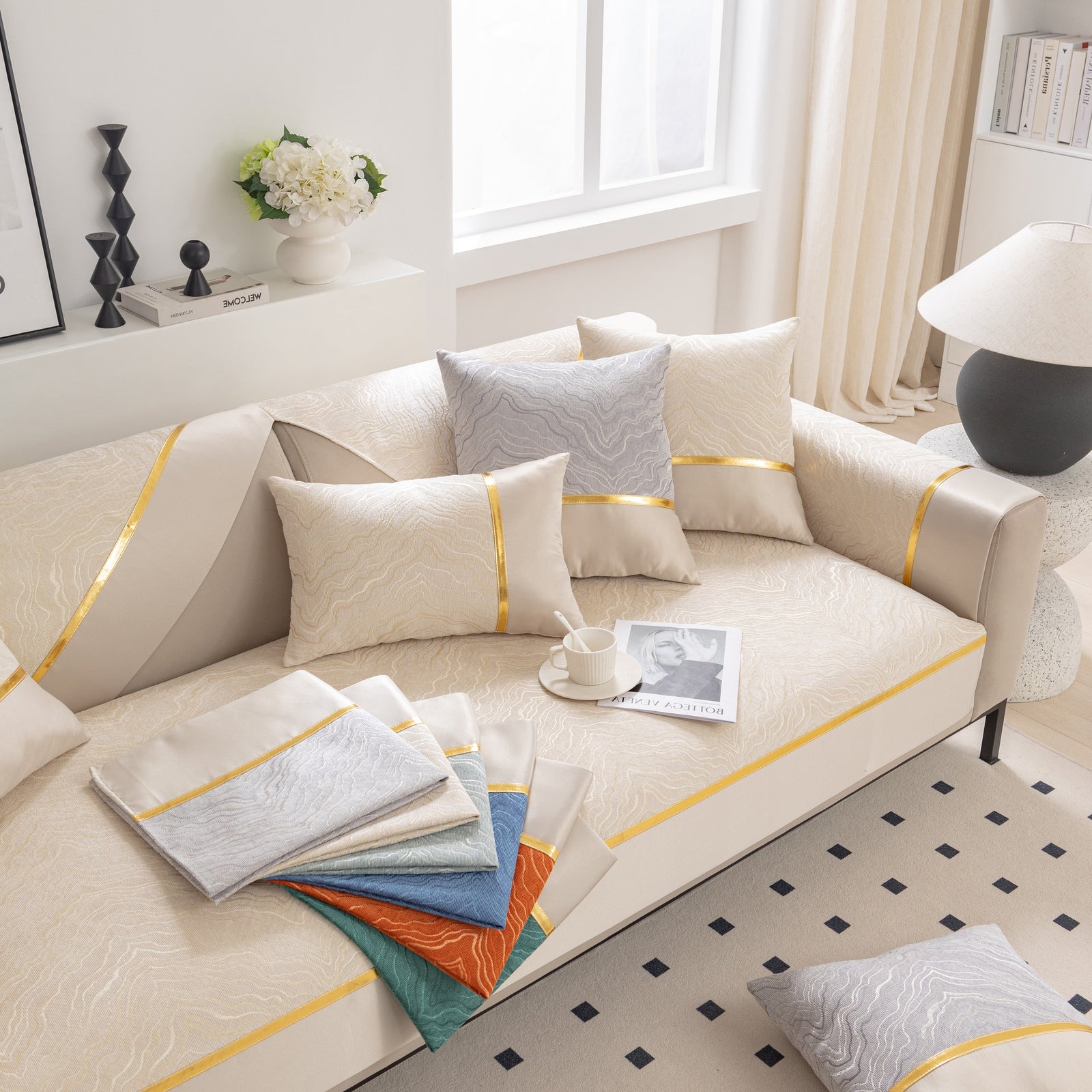 Modular Sofa Cover for Sectionals, Gold Striped Non-Slip Couch Protector