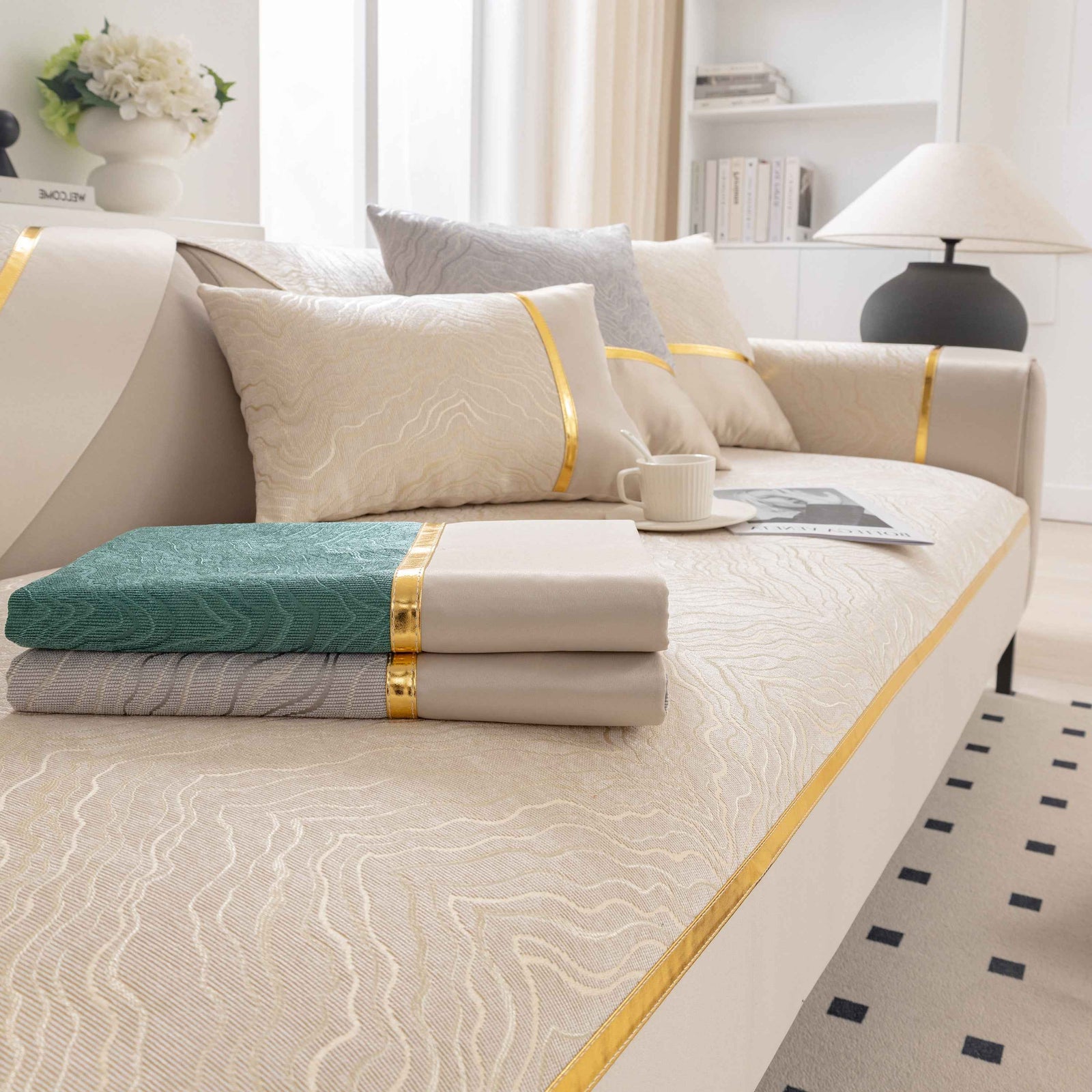 Modular Sofa Cover for Sectionals, Gold Striped Non-Slip Couch Protector