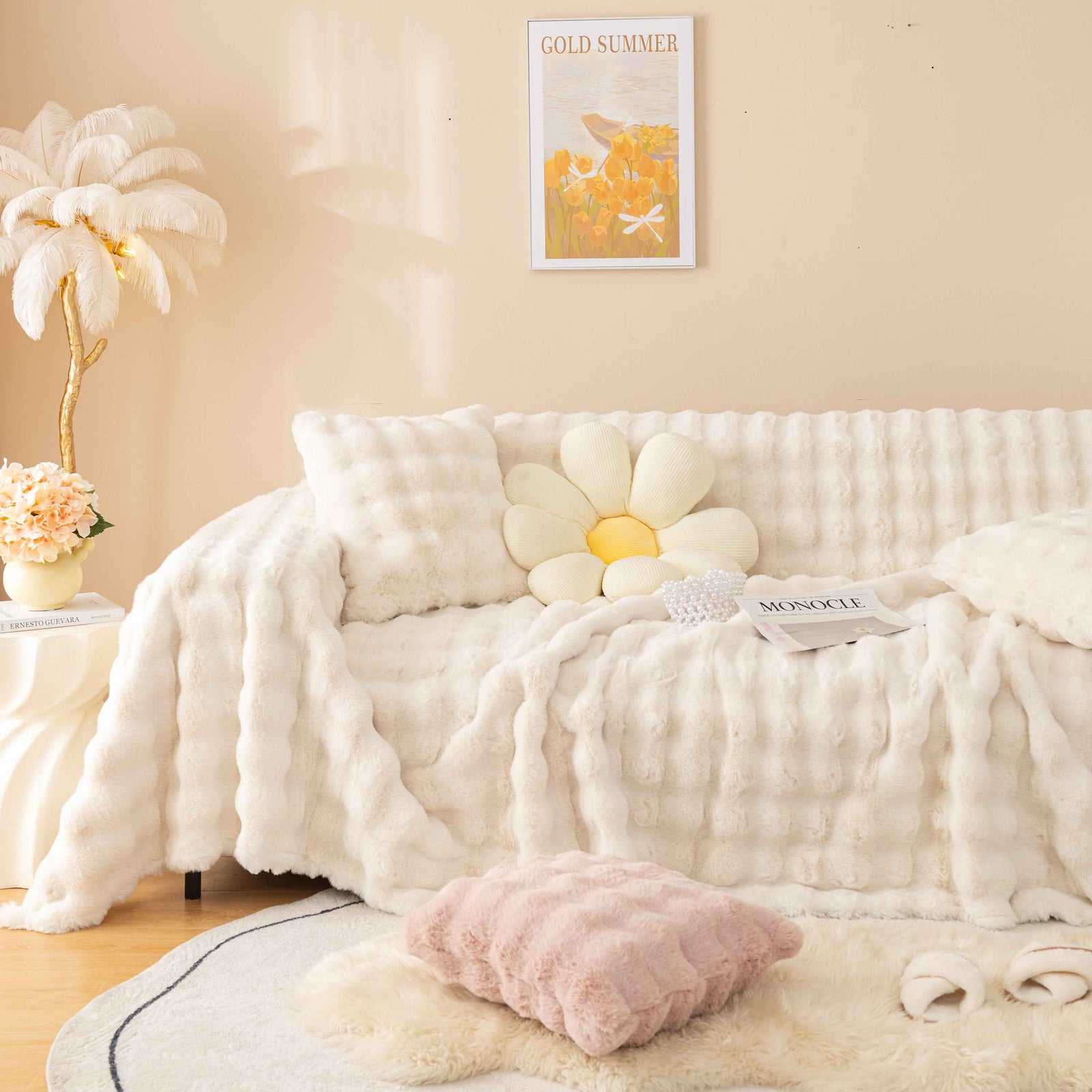 Super Soft Fluffy Faux Rabbit Fur Sofa Throw Blanket, Couch Cover Blanket for Couches Living Room Furniture Throw
