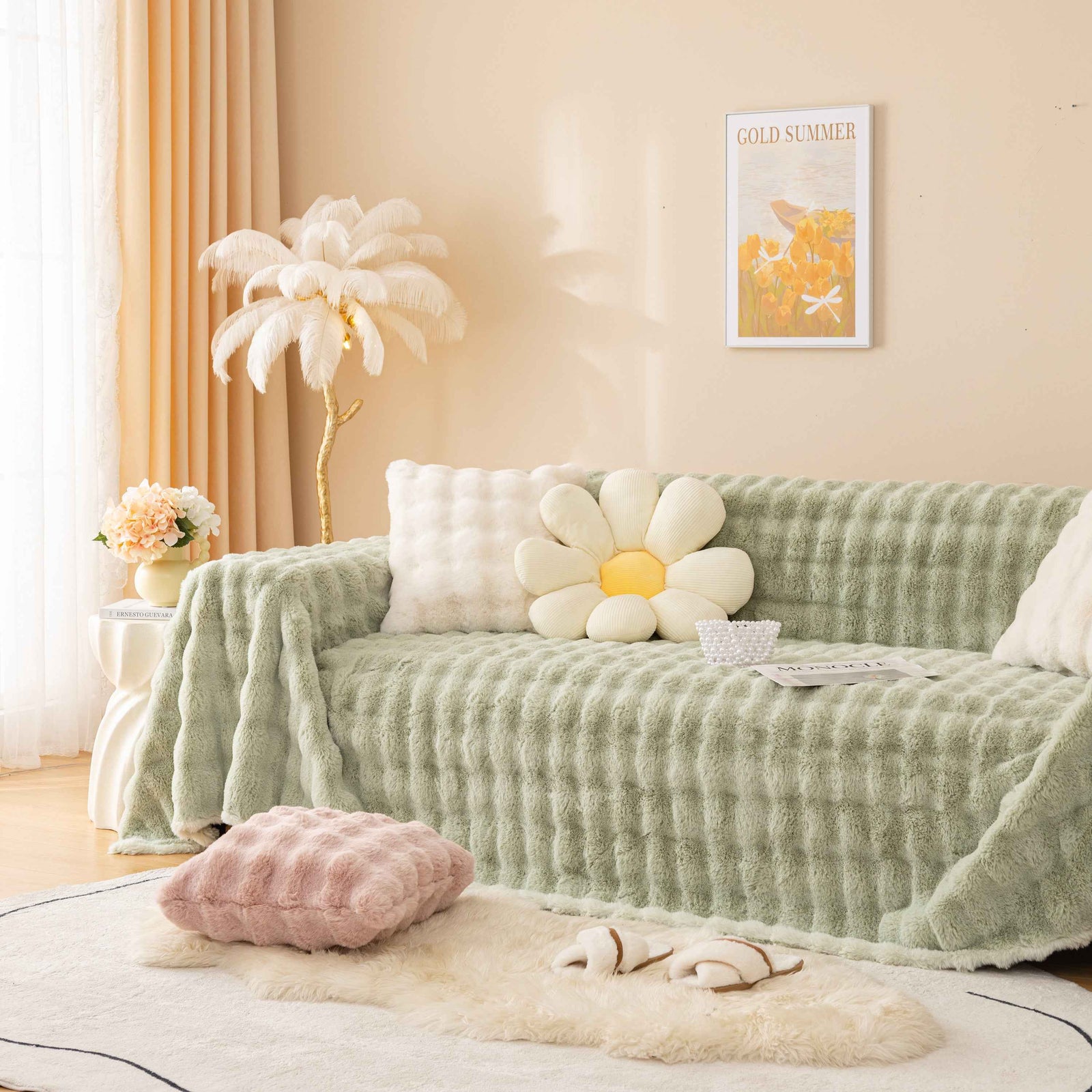 Super Soft Fluffy Faux Rabbit Fur Sofa Throw Blanket, Couch Cover Blanket for Couches Living Room Furniture Throw
