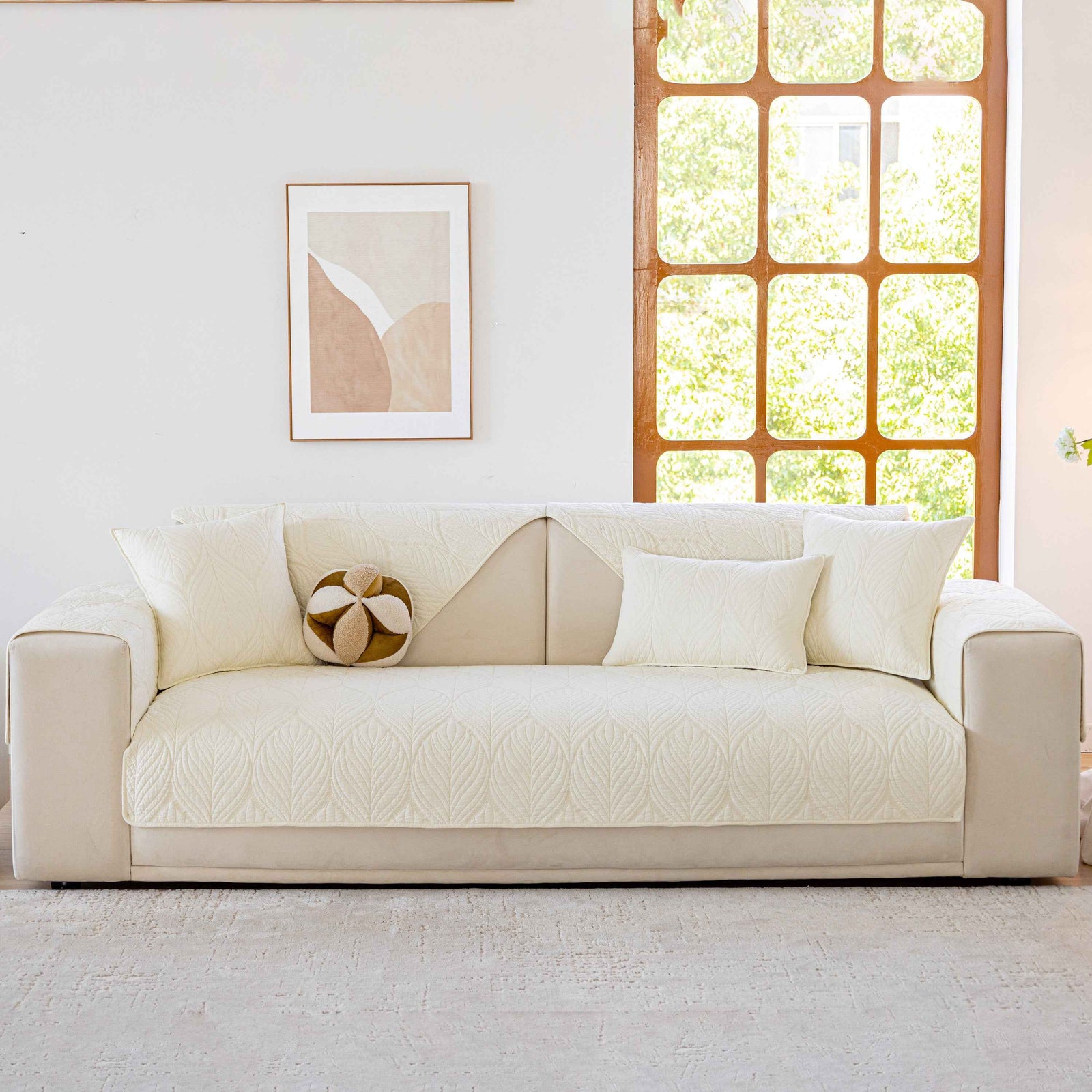 Leaf Vein Textured Cotton Quilted Sofa Slipcover, Non-Slip Modular Couch Covers