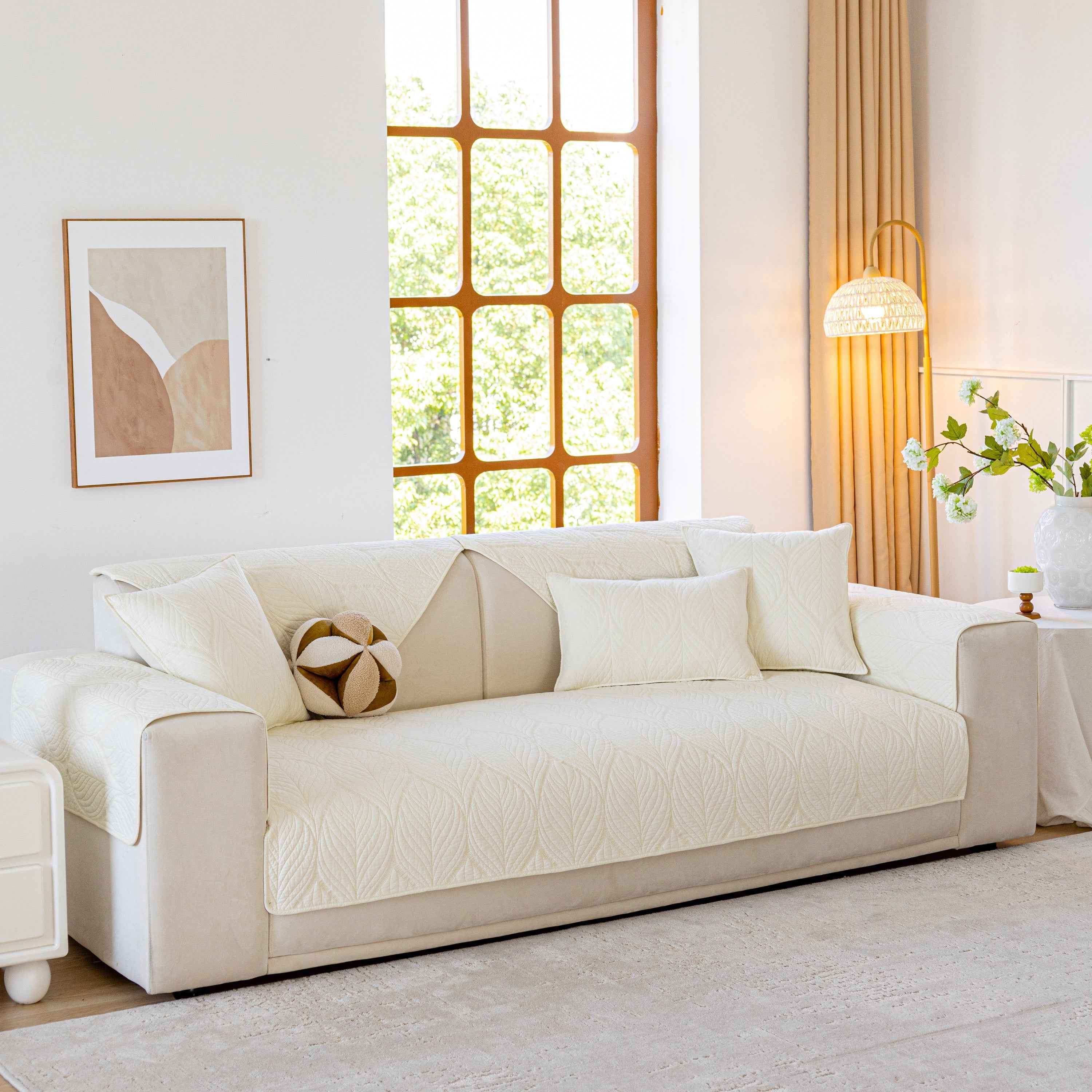 Leaf Vein Textured Cotton Quilted Sofa Slipcover, Non-Slip Modular Couch Covers