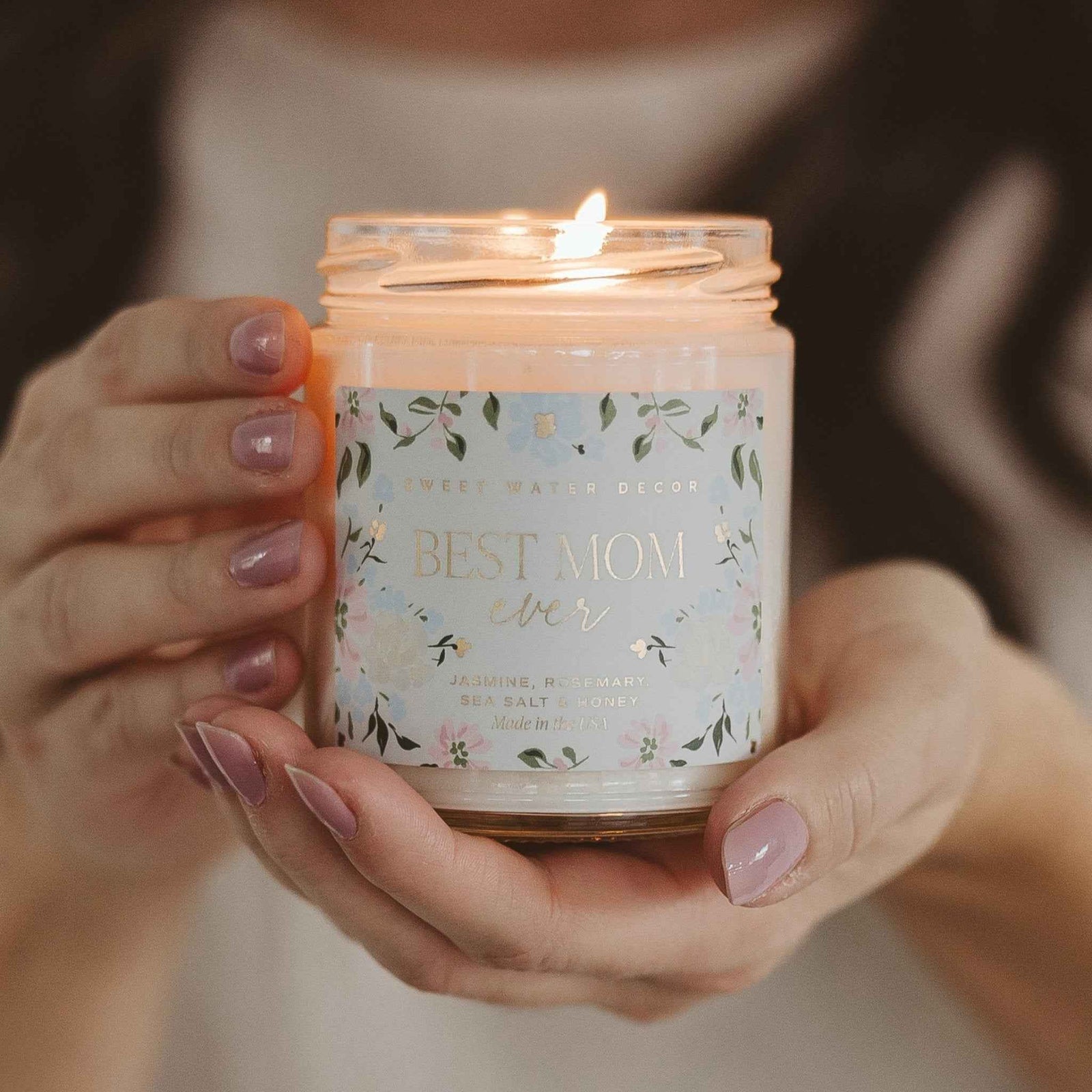 Best Mom Ever Soy Patterned Candle - Clear Jar - 9 oz (Wildflowers and Salt)