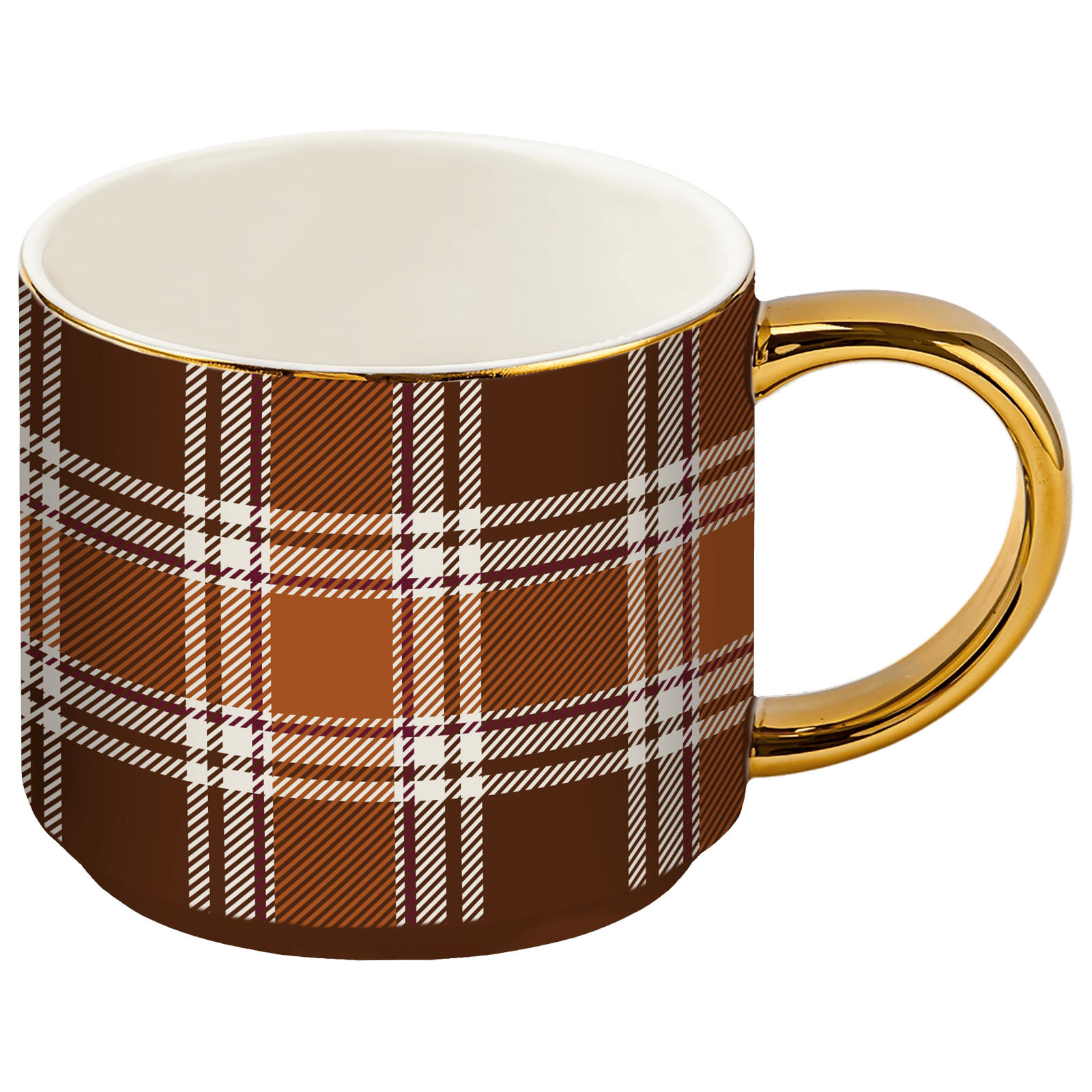 Brown Plaid 14 oz Gold Handle Coffee Mug