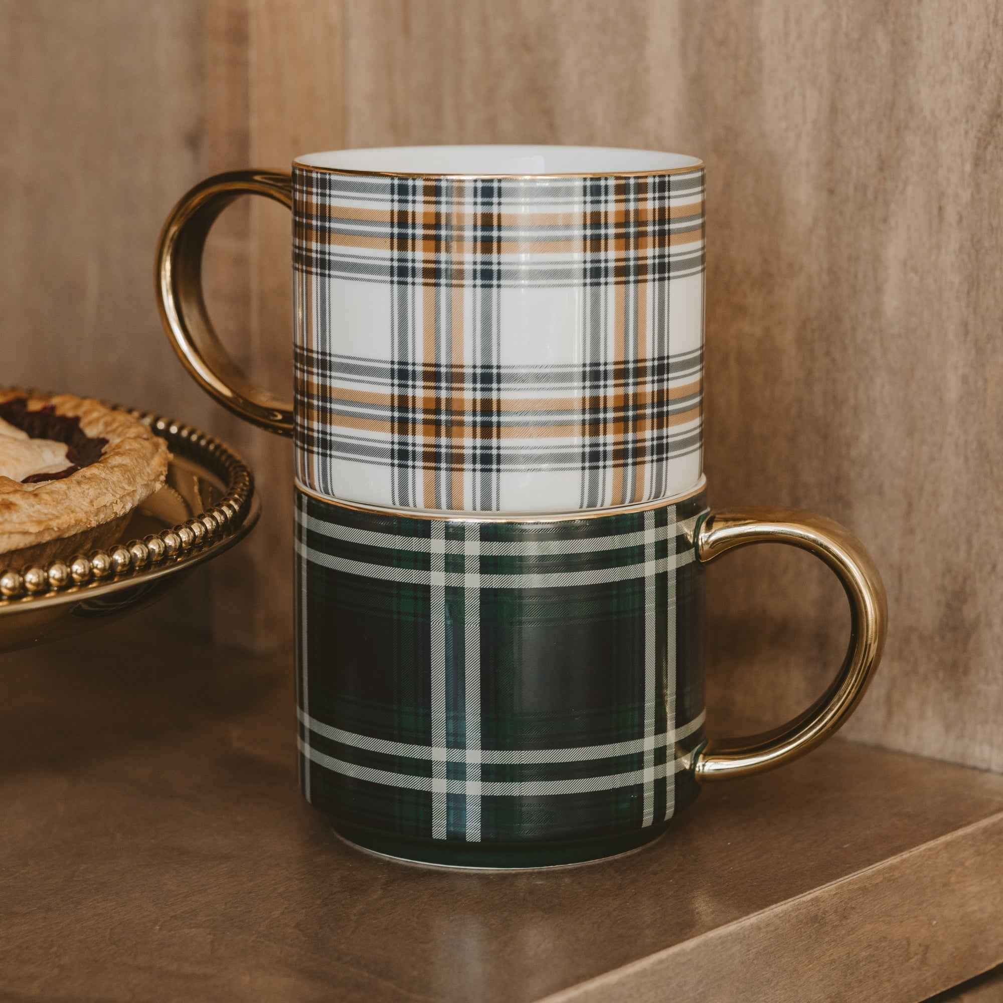 Orange Navy Plaid 14 oz Gold Handle Coffee Mug