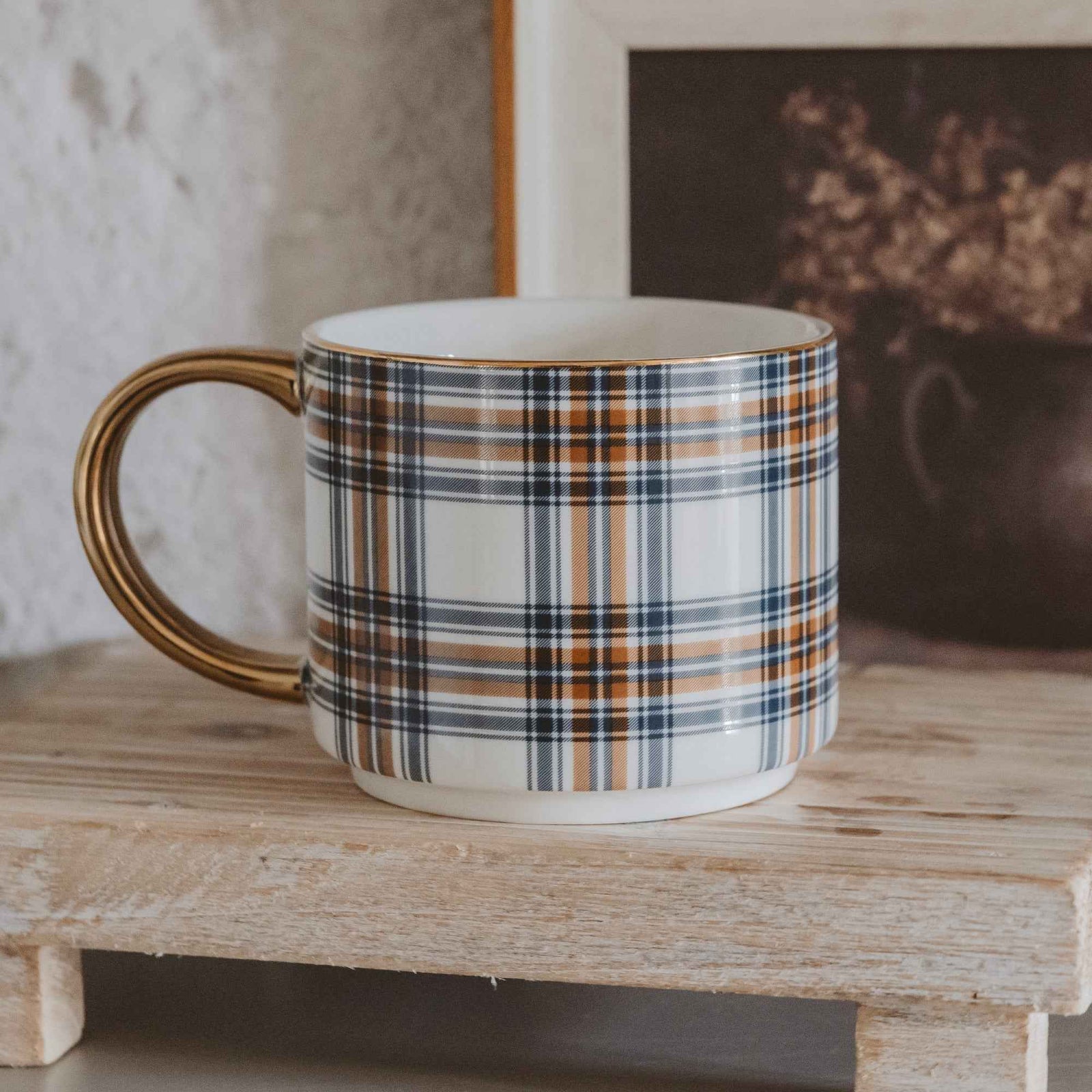 Orange Navy Plaid 14 oz Gold Handle Coffee Mug