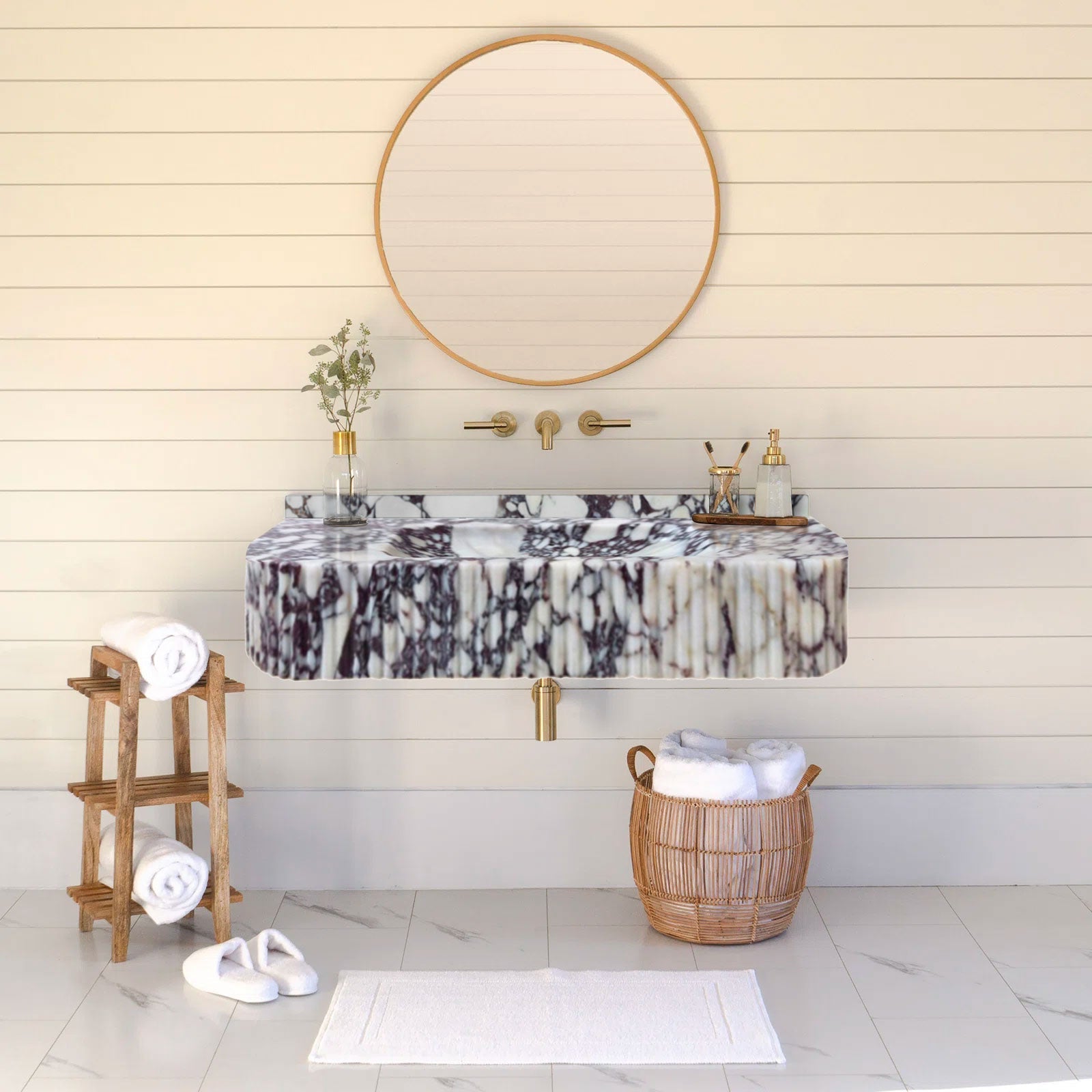 Calacatta Viola Marble Wall-mount Bathroom Vanity Sink Ribbed Textured Front (W)18