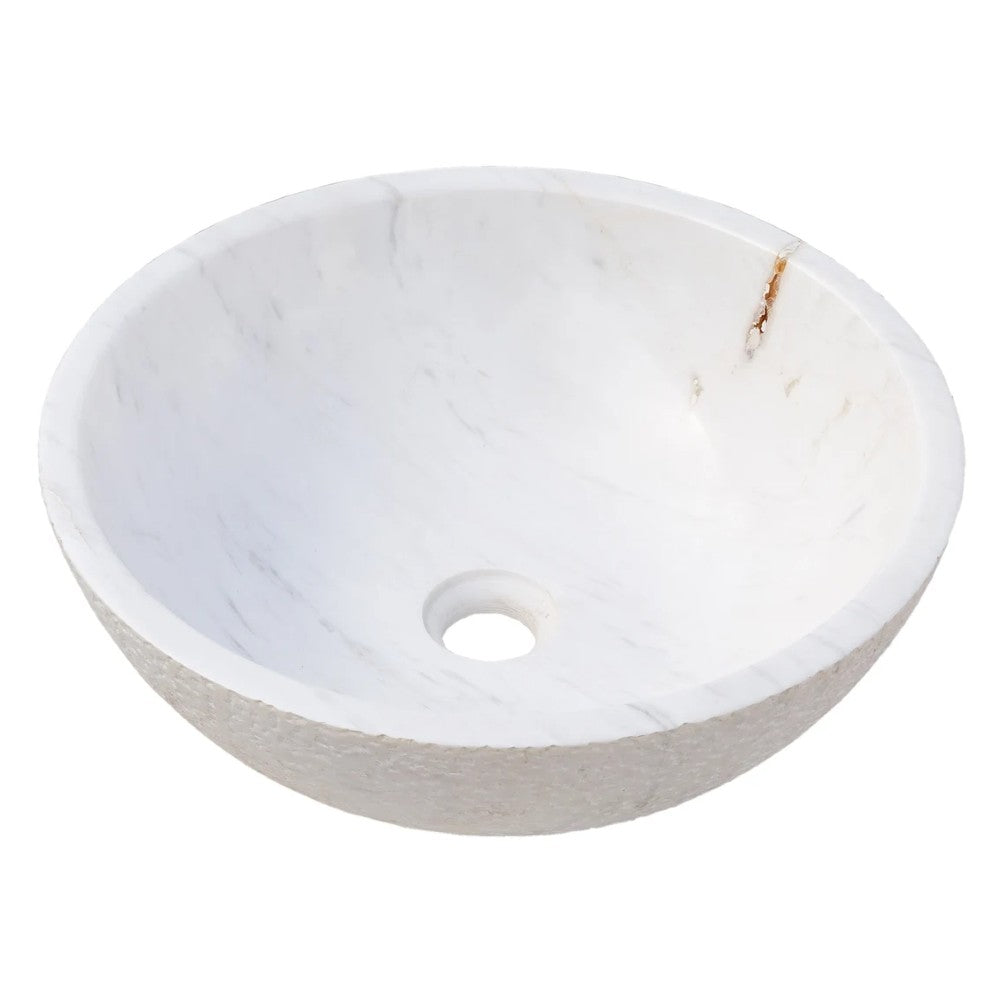 Calacatta White Marble Vessel Sink Bowl Polished Interior and Rough Exterior  (D)16
