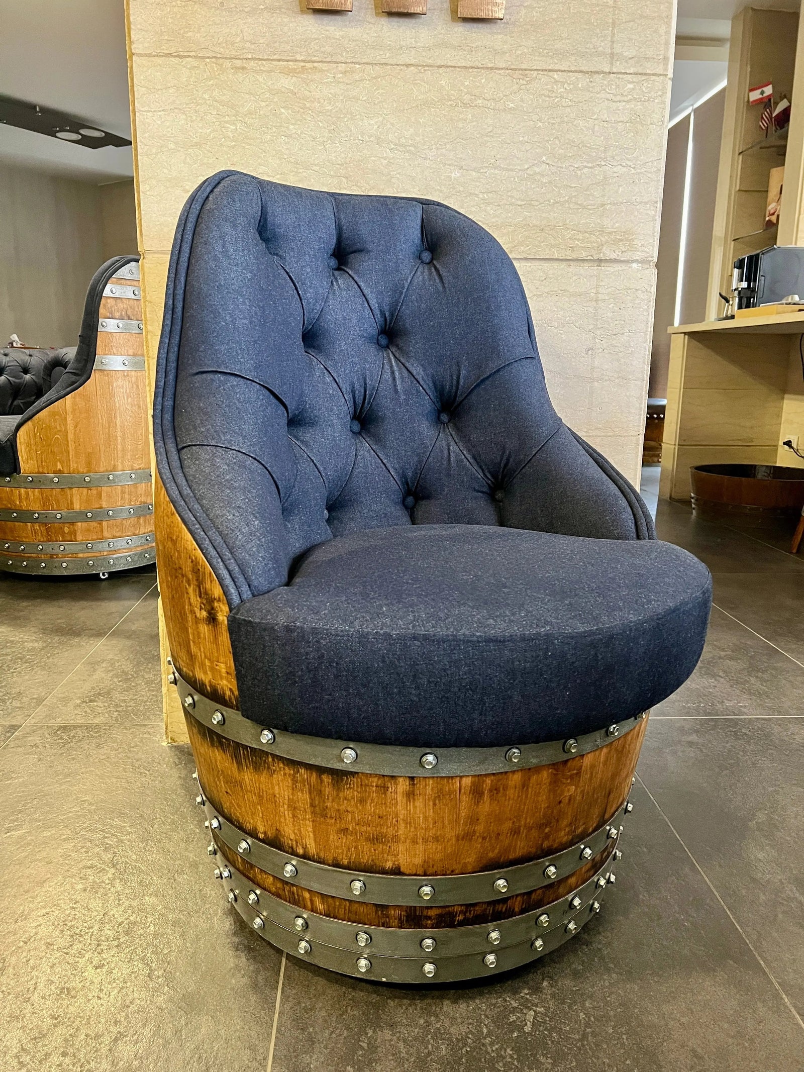 Luxury Captain Barrel Chair, Handmade Wine and Whiskey Barrel Chair, Hidden Storage, Memory Foam Upholstery, Movable On Casters