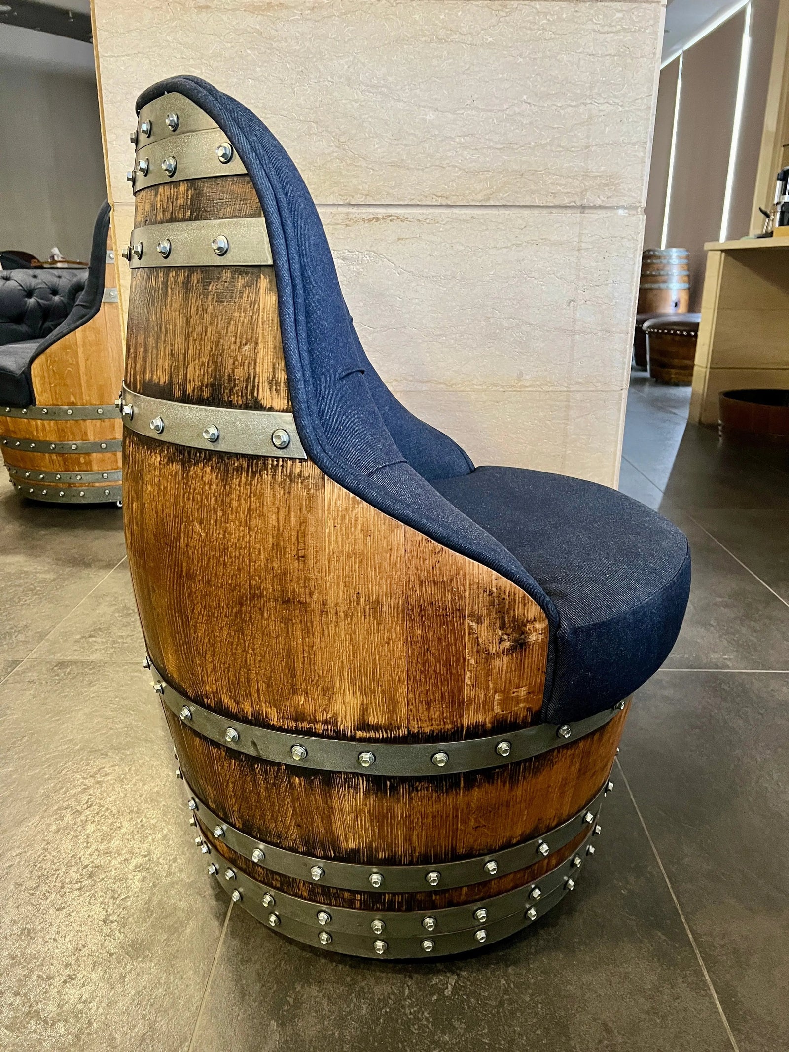 Luxury Captain Barrel Chair, Handmade Wine and Whiskey Barrel Chair, Hidden Storage, Memory Foam Upholstery, Movable On Casters