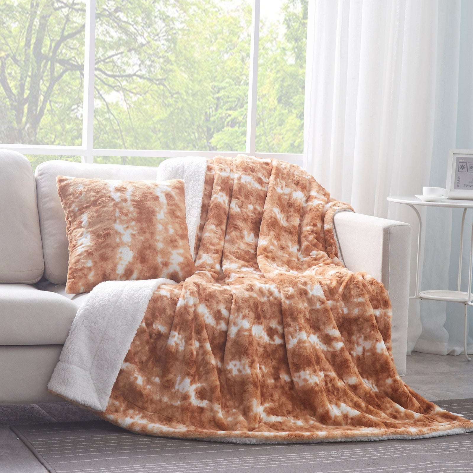 DaDa Bedding Amber Orange Brown & White Cozy Faux Fur Euro Throw Pillow Cover (M3396)