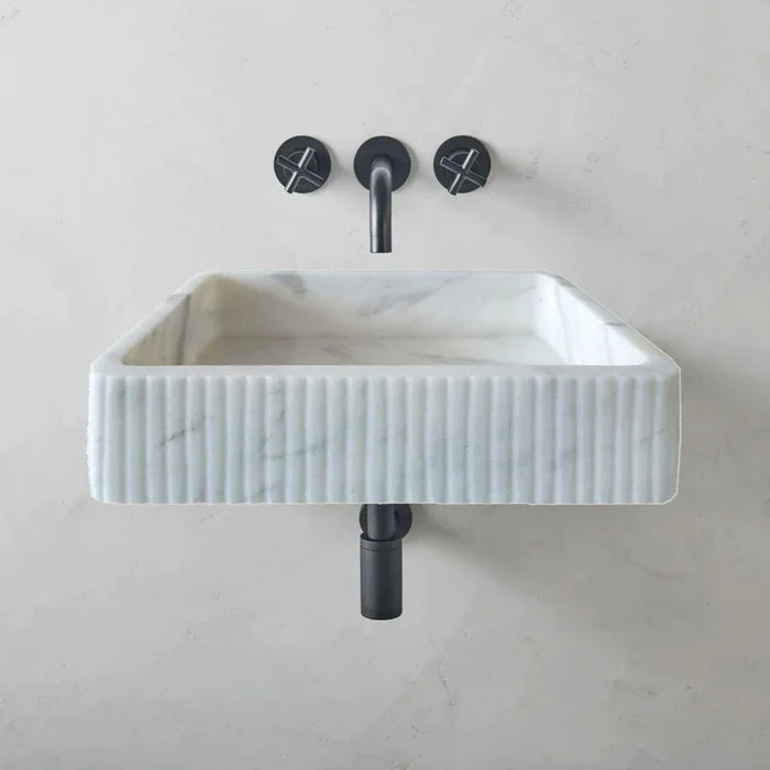 Carrara White Marble Wall-mount Bathroom Sink Ribbed Textured (W)16
