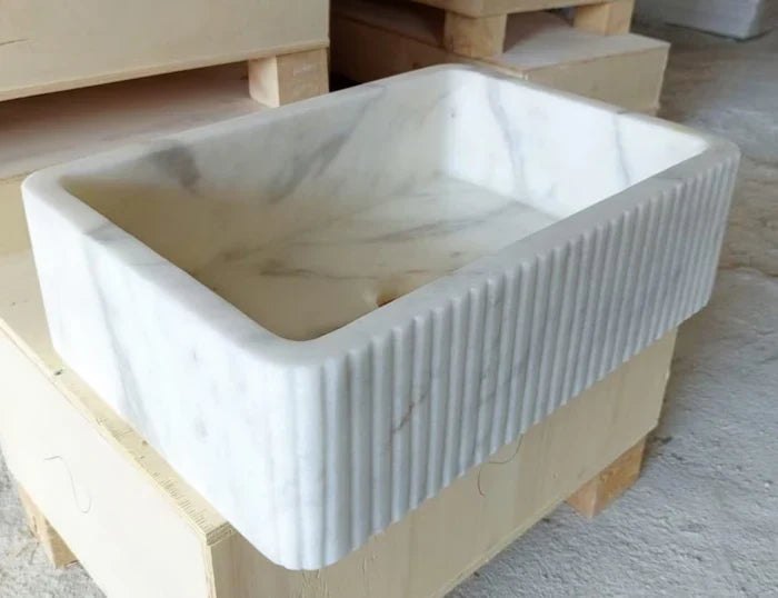 Carrara White Marble Wall-mount Bathroom Sink Ribbed Textured (W)16