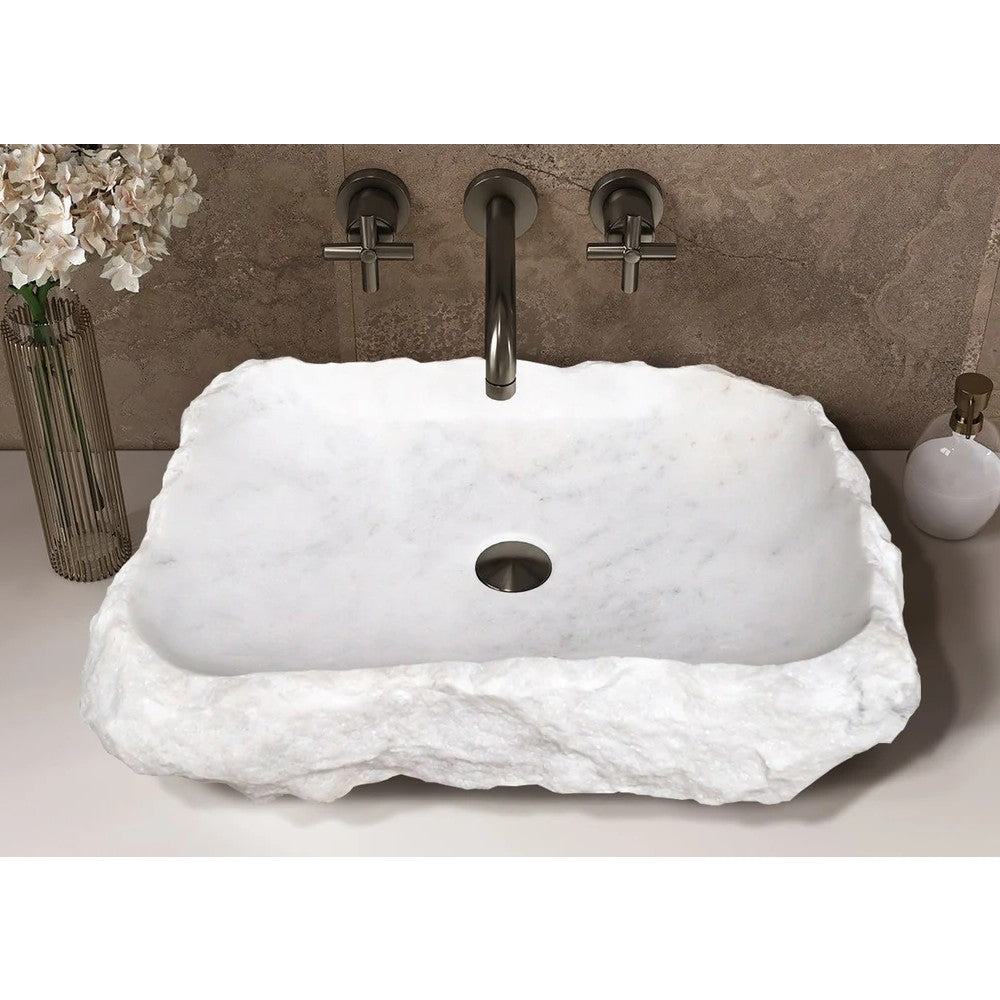 Carrara Marble Rustic Natural Stone Vessel Sink Polished Interior Hand Chiseled Exterior (W)16" (L)22" (H)5"