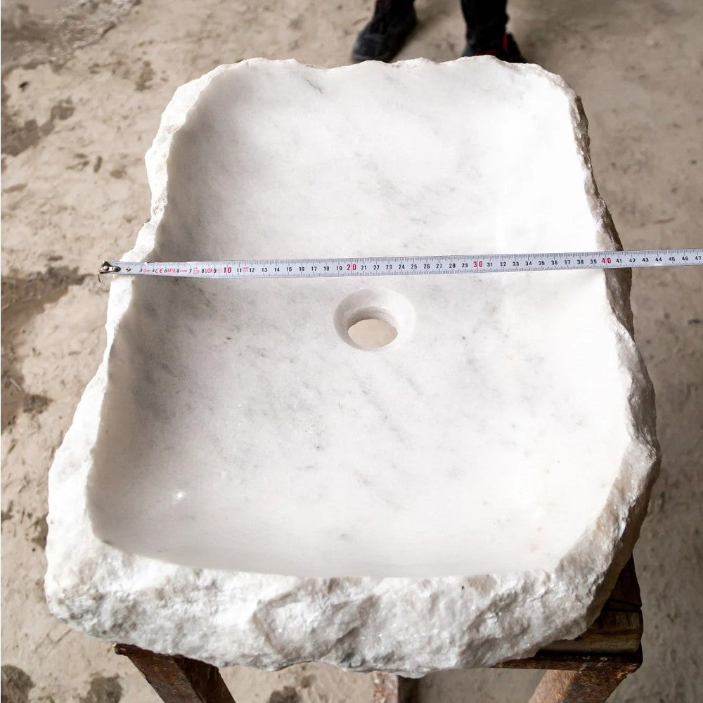 Carrara Marble Rustic Natural Stone Vessel Sink Polished Interior Hand Chiseled Exterior (W)16