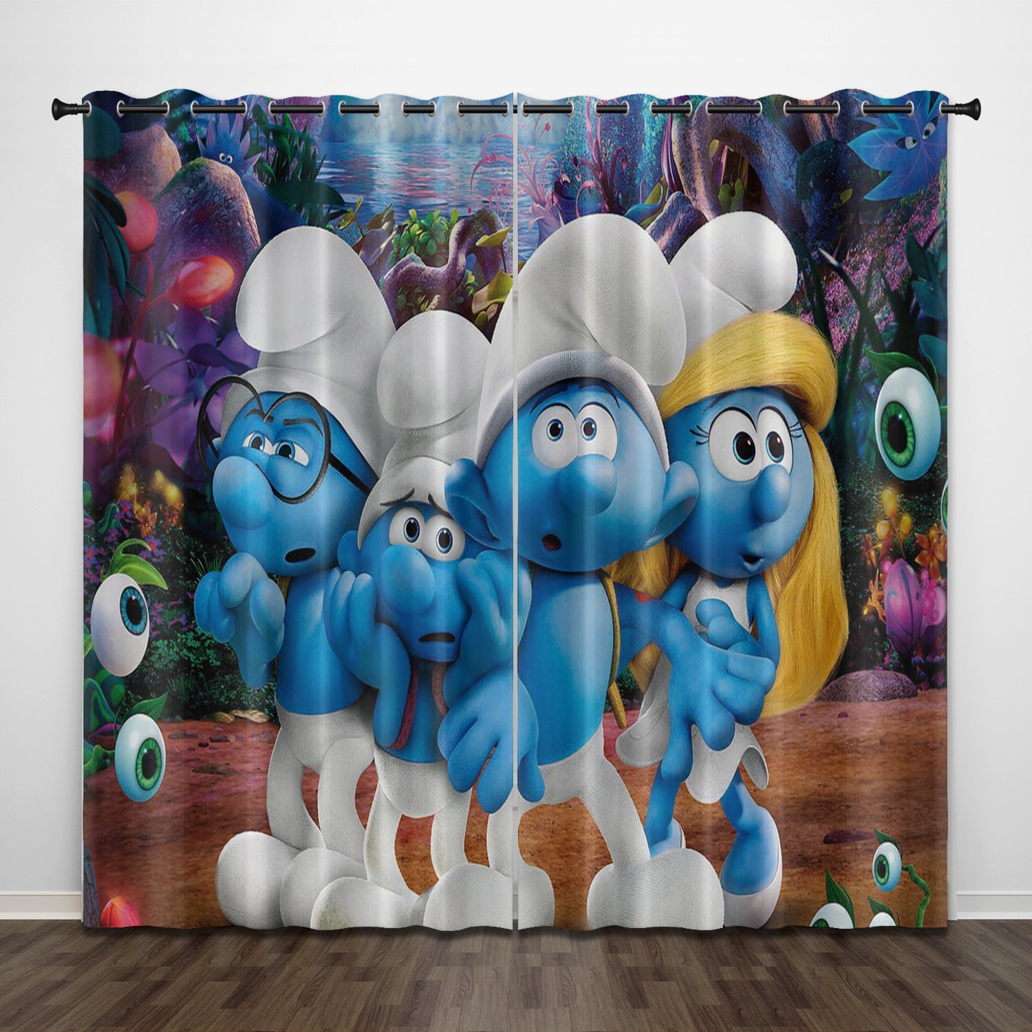 Cartoon The Smurfs Curtains Pattern Blackout Window Drapes