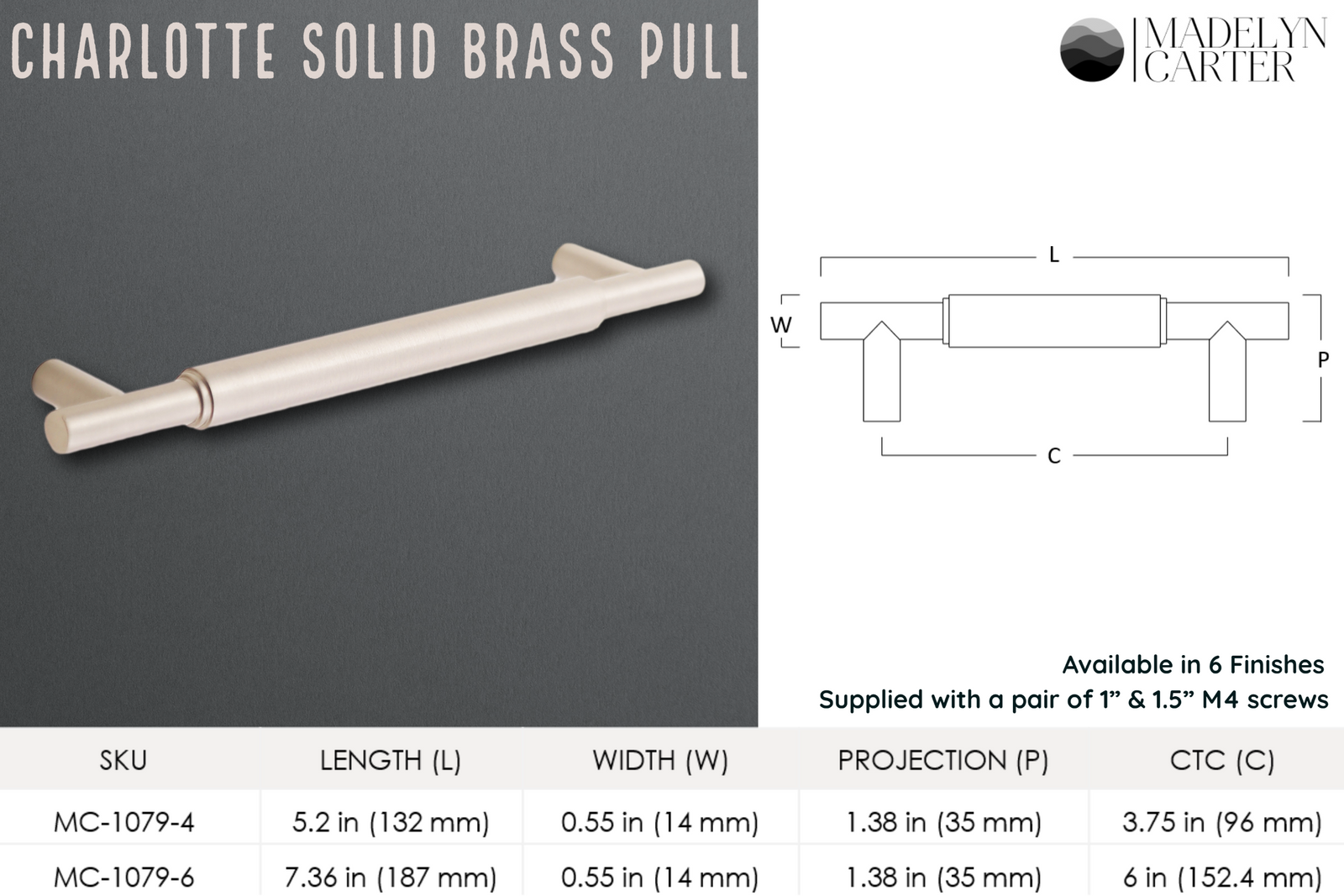 Charlotte Solid Brass Drawer Pull - 3.75 Inch Centers