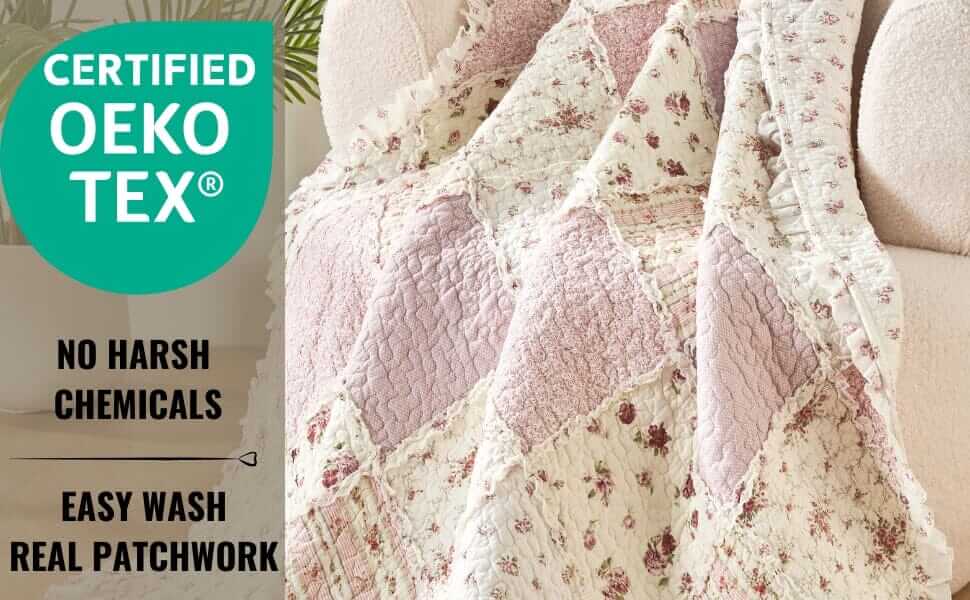 DaDalogy Cotton Patchwork Throw Blanket - Floral Cottage Quilted Reversible Blush Pink & Cream Shabby Chic Botanical Ruffle Design - Vintage Garden Rose Pastel Accents (3031)- 50 x 60