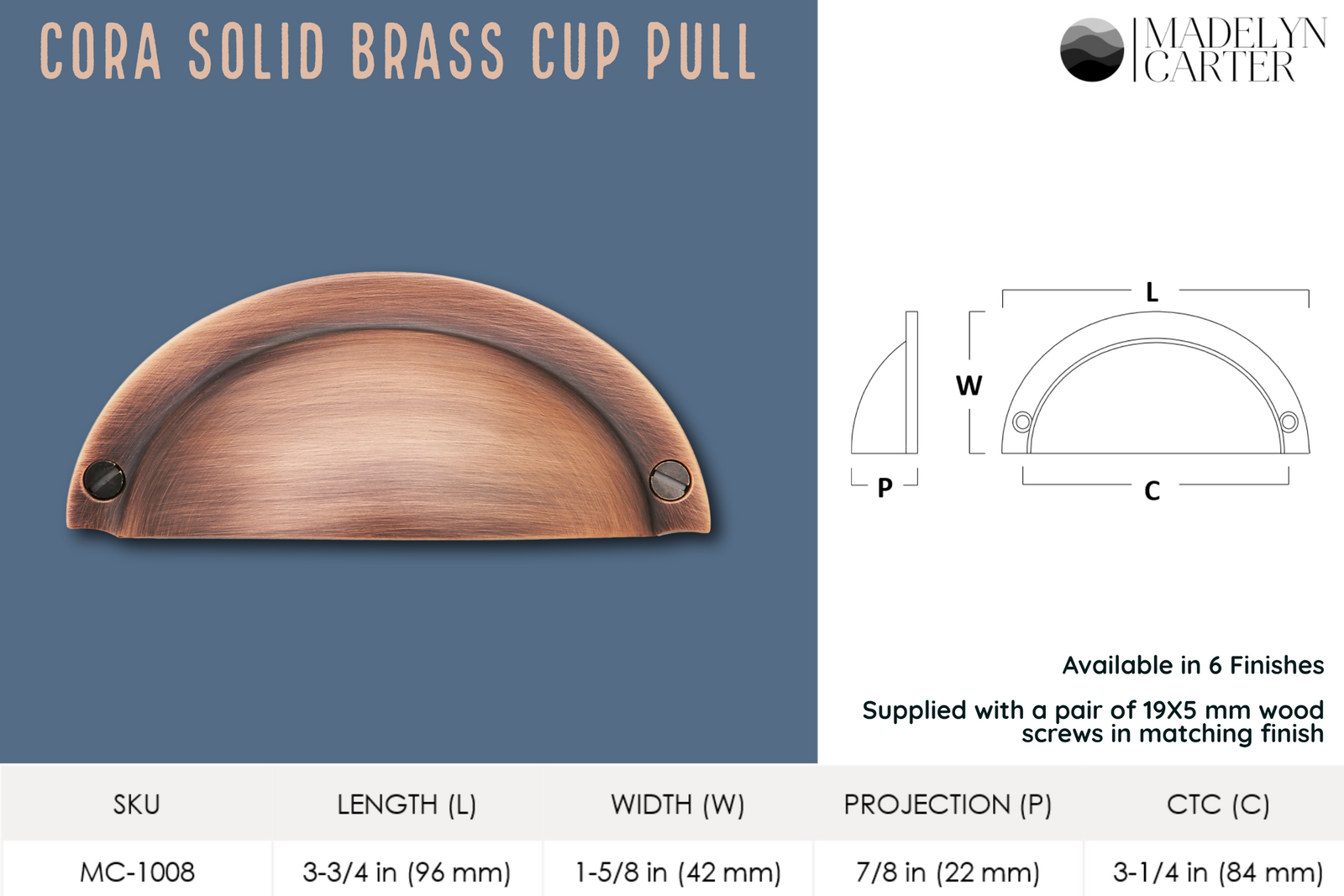 Cora Cup Solid Brass Drawer Pull - 3.25 Inch Centers