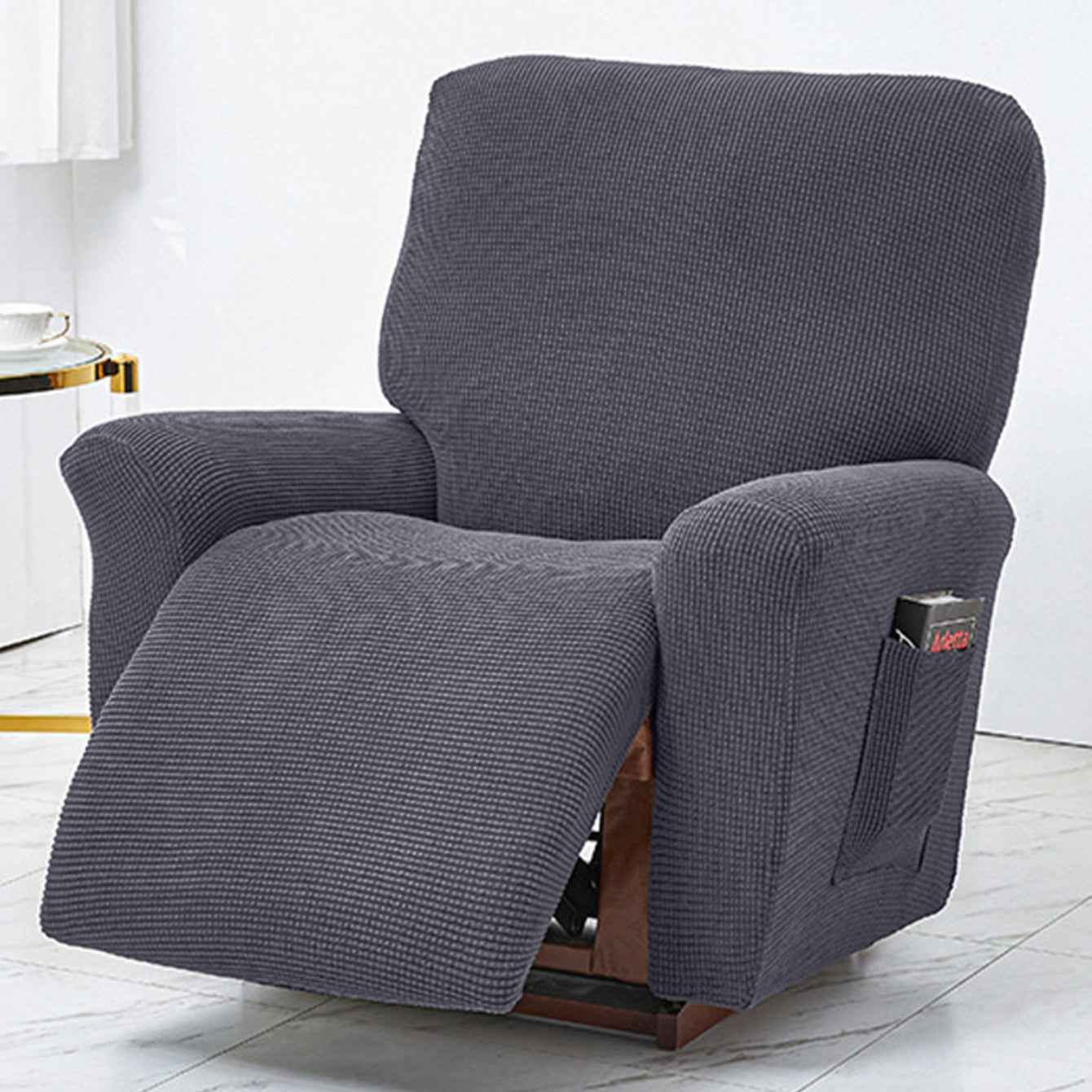 Polar Fleece Recliner Chair Cover, 4-Piece Soft Plush Slipcover with Pocket for Reclining Chairs
