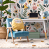 Floral Wallpaper with a Whimsical Meadow Motif in Blue, Pink, and Yellow - D392