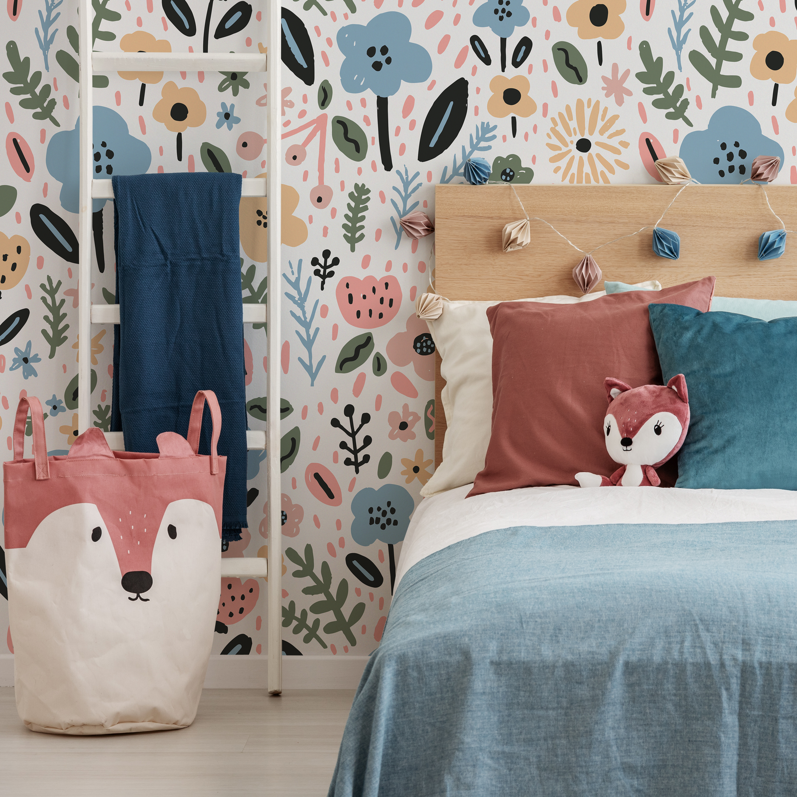 Floral Wallpaper with a Whimsical Meadow Motif in Blue, Pink, and Yellow - D392