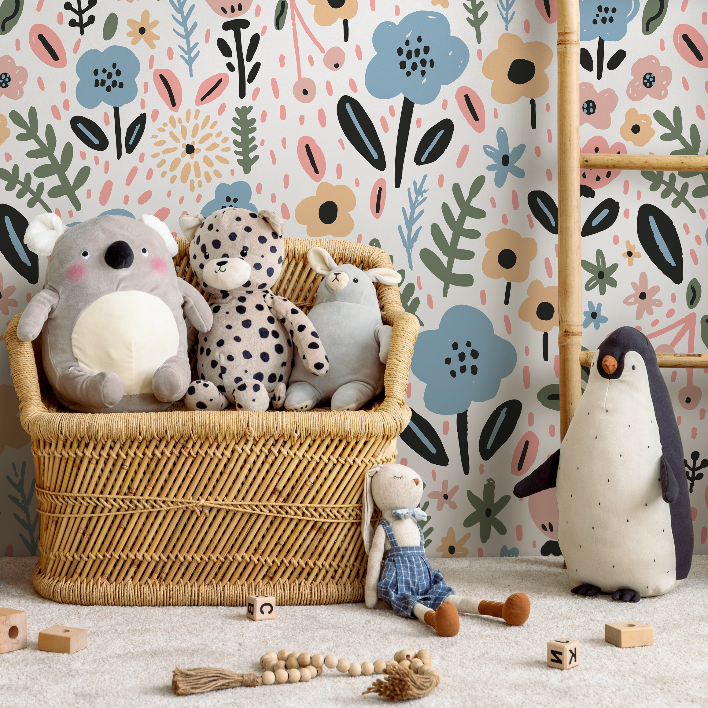 Floral Wallpaper with a Whimsical Meadow Motif in Blue, Pink, and Yellow - D392