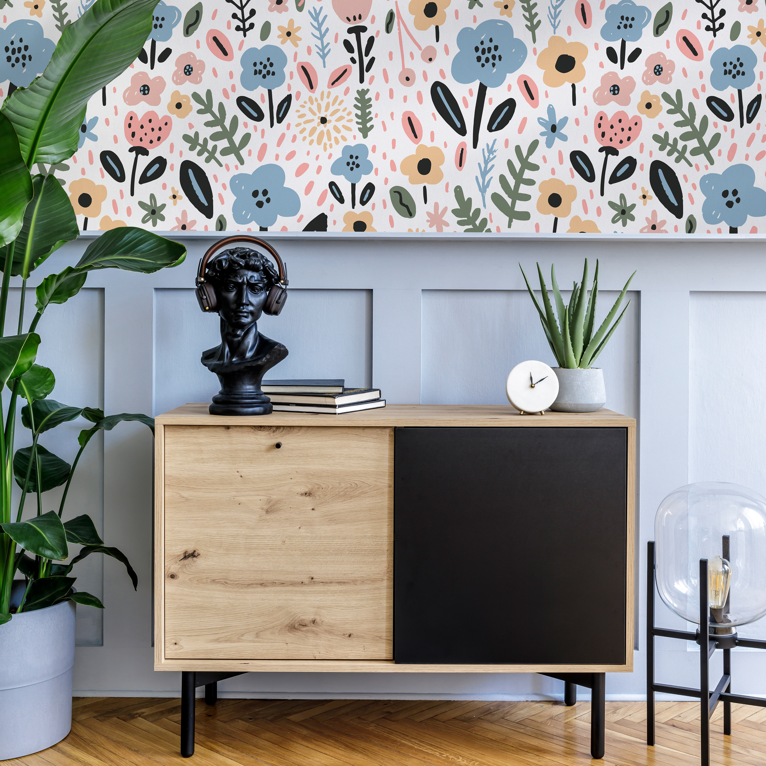 Floral Wallpaper with a Whimsical Meadow Motif in Blue, Pink, and Yellow - D392