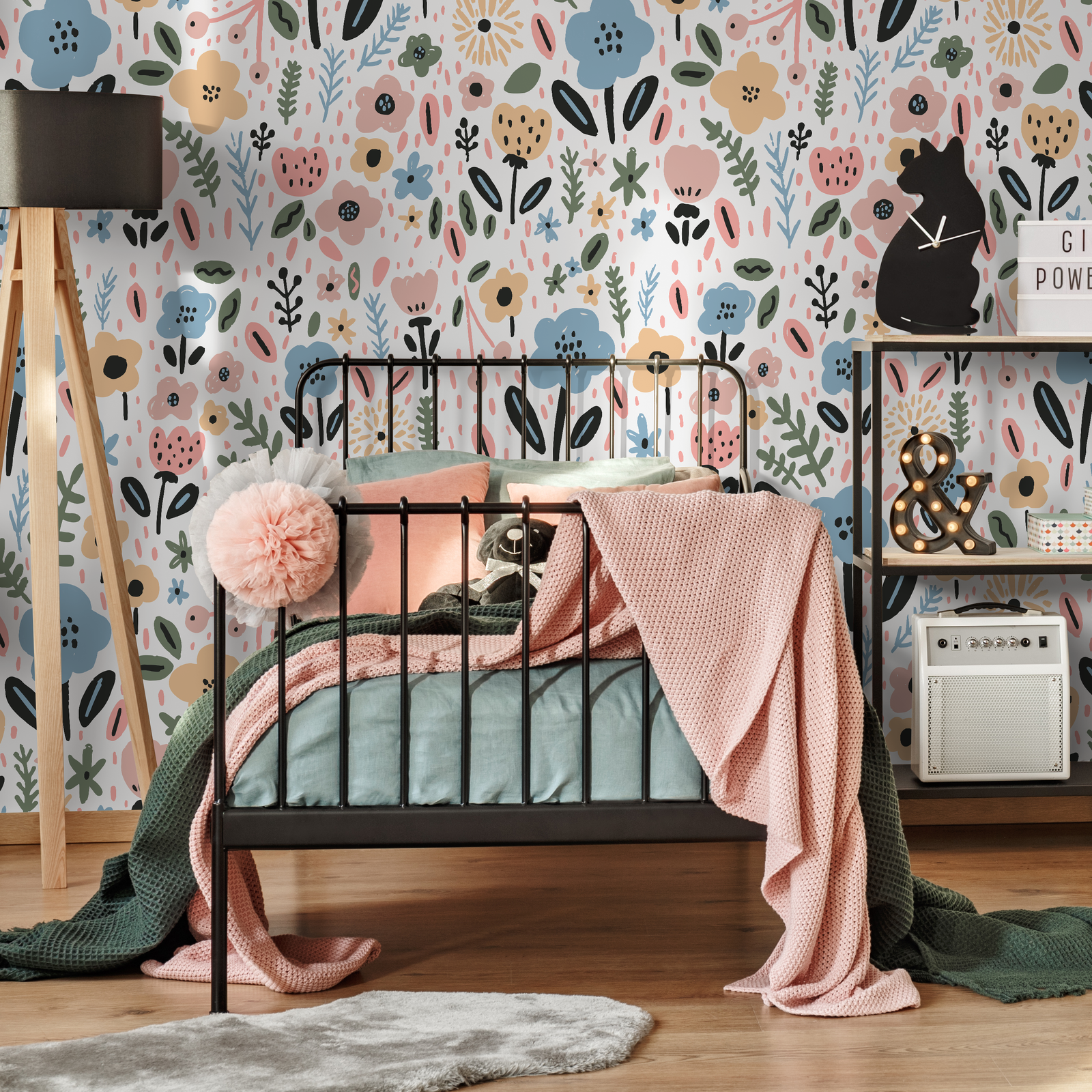 Floral Wallpaper with a Whimsical Meadow Motif in Blue, Pink, and Yellow - D392