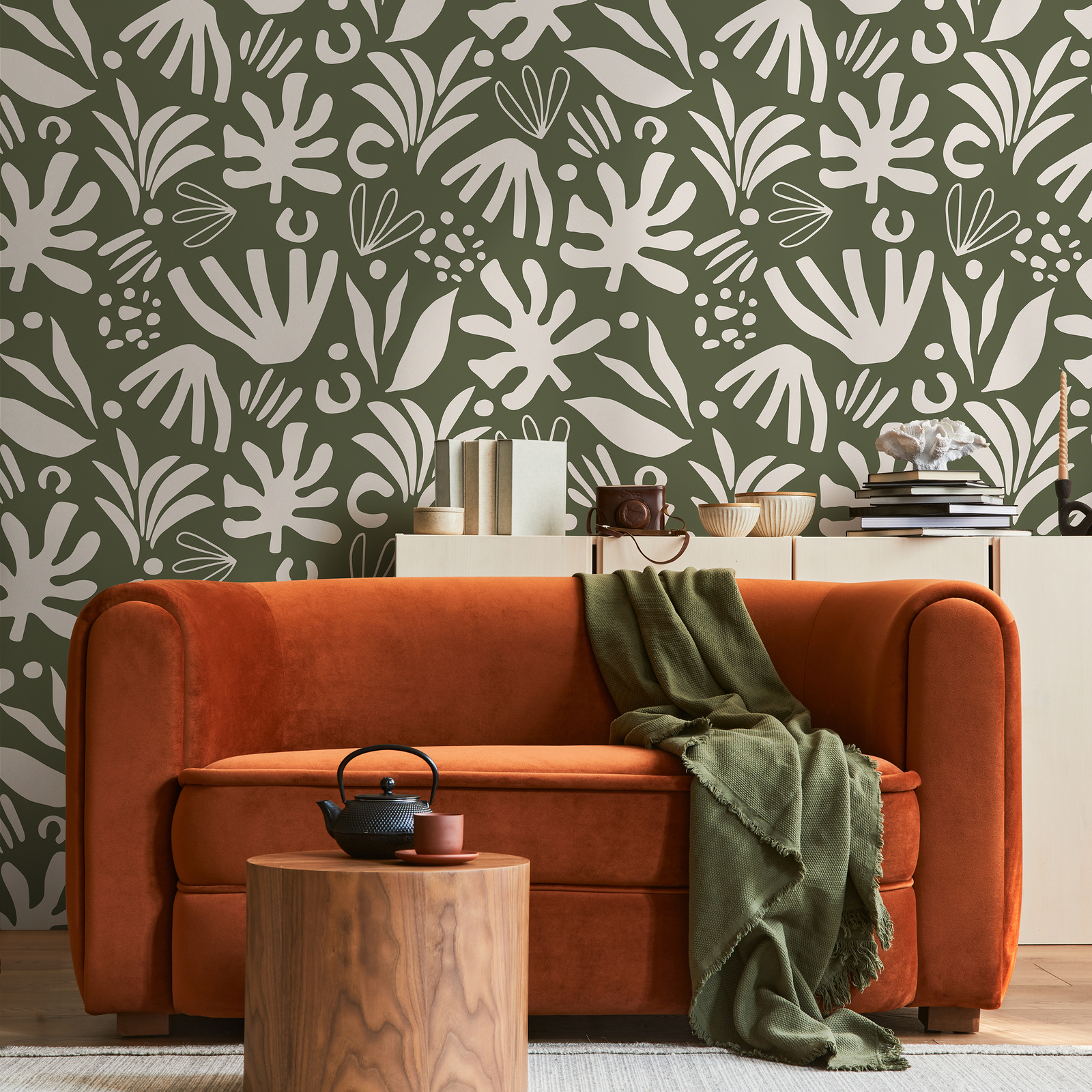 Abstract Wallpaper with Botanical Cutouts in Green and White - D680