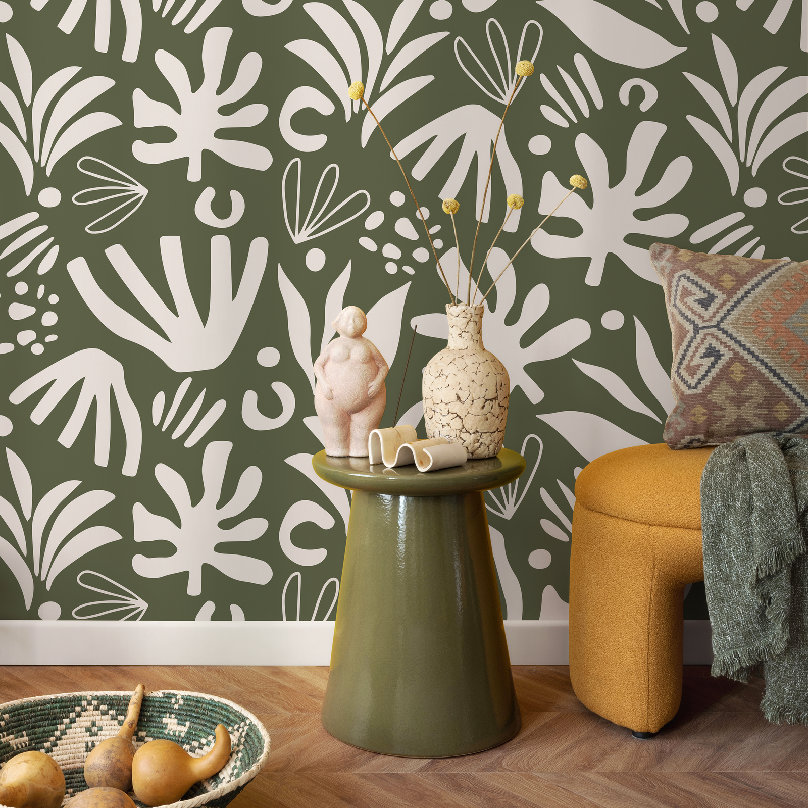 Abstract Wallpaper with Botanical Cutouts in Green and White - D680