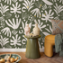 Abstract Wallpaper with Botanical Cutouts in Green and White - D680